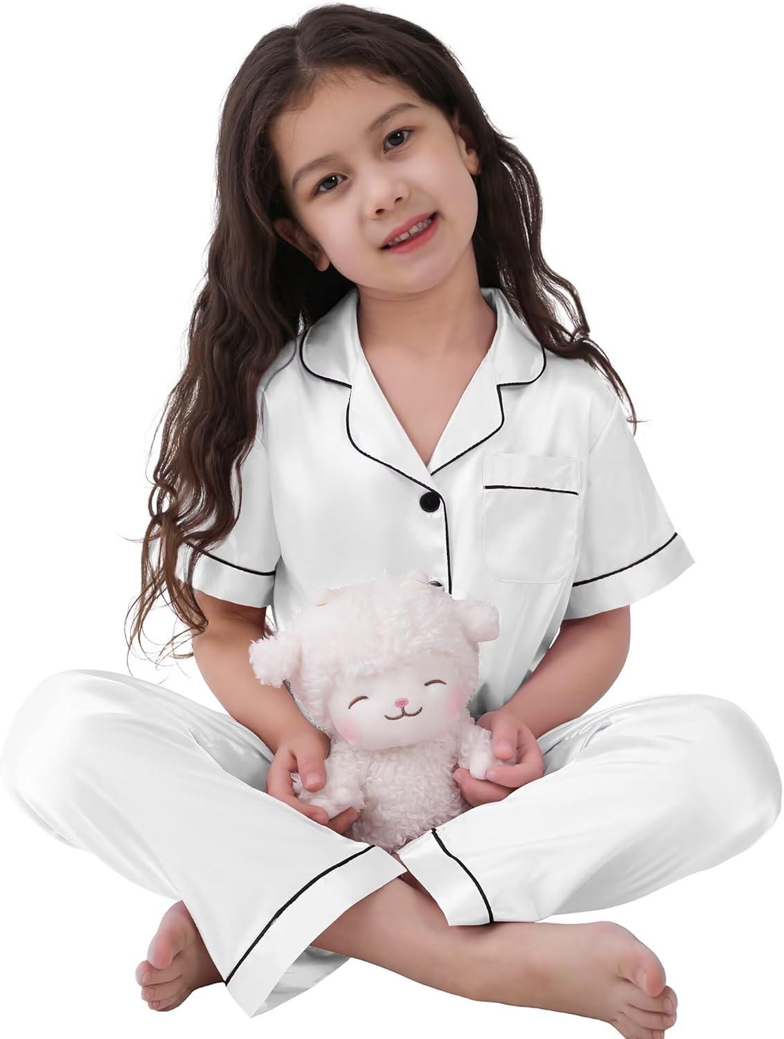 imageSWOMOG Girls Boys Silk Satin Pajamas Set ButtonDown TwoPiece PJs Lounge Sets with Long PantsPantswhite