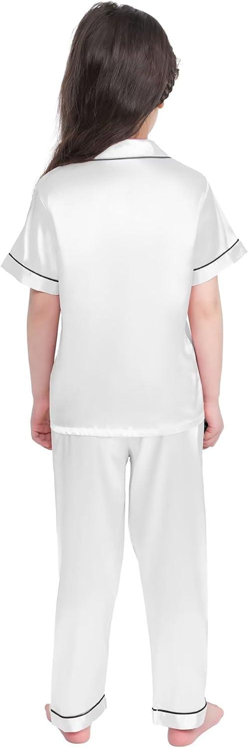 imageSWOMOG Girls Boys Silk Satin Pajamas Set ButtonDown TwoPiece PJs Lounge Sets with Long PantsPantswhite