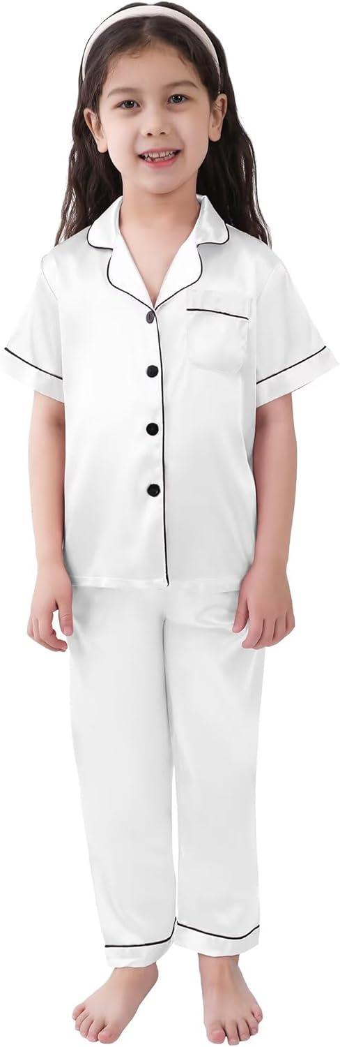 imageSWOMOG Girls Boys Silk Satin Pajamas Set ButtonDown TwoPiece PJs Lounge Sets with Long PantsPantswhite