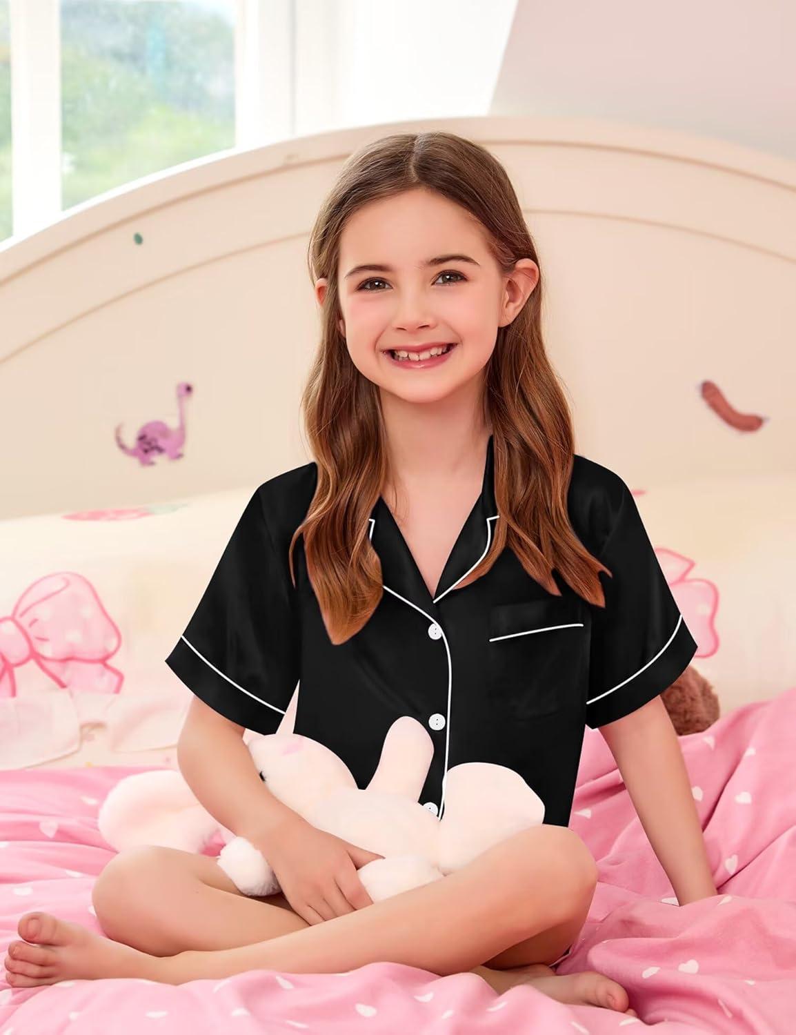 imageSWOMOG Girls Boys Silk Satin Pajamas Set ButtonDown TwoPiece PJs Lounge Sets with Long PantsShortsblack