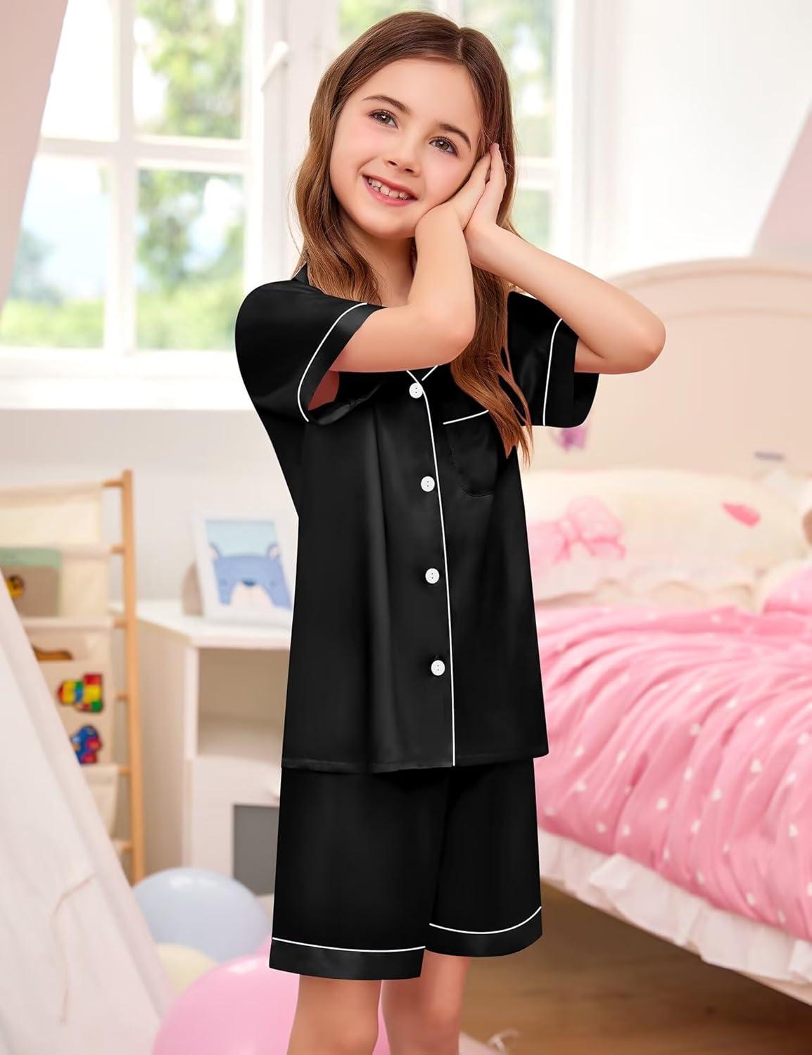 imageSWOMOG Girls Boys Silk Satin Pajamas Set ButtonDown TwoPiece PJs Lounge Sets with Long PantsShortsblack