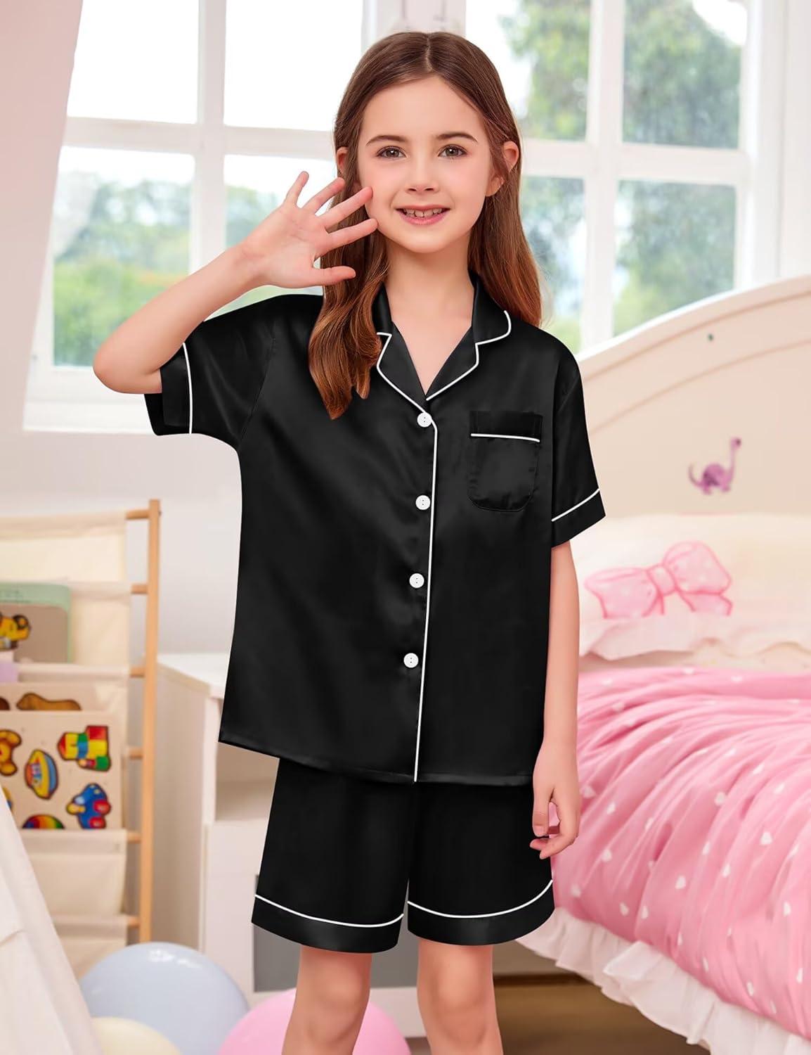 imageSWOMOG Girls Boys Silk Satin Pajamas Set ButtonDown TwoPiece PJs Lounge Sets with Long PantsShortsblack