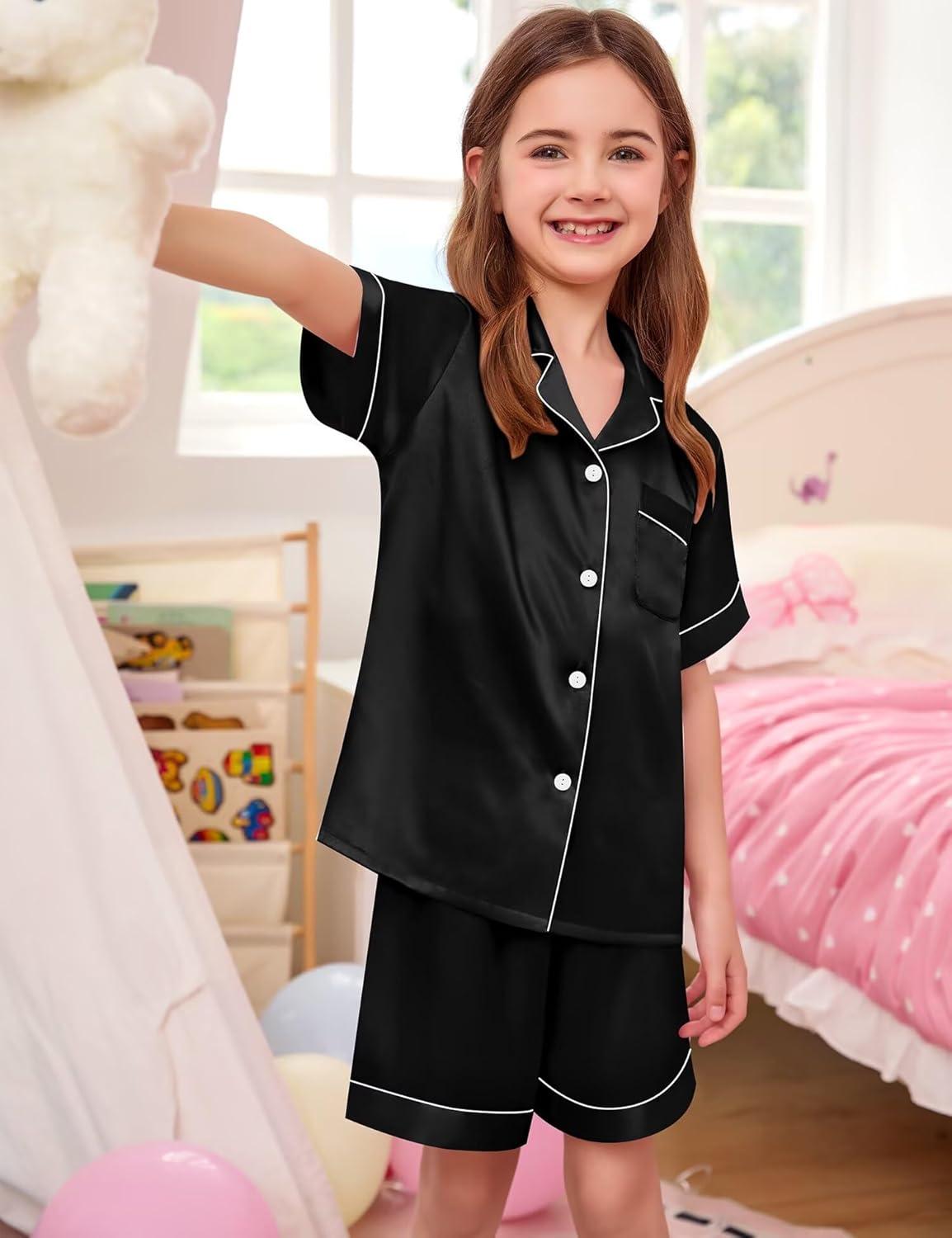 imageSWOMOG Girls Boys Silk Satin Pajamas Set ButtonDown TwoPiece PJs Lounge Sets with Long PantsShortsblack