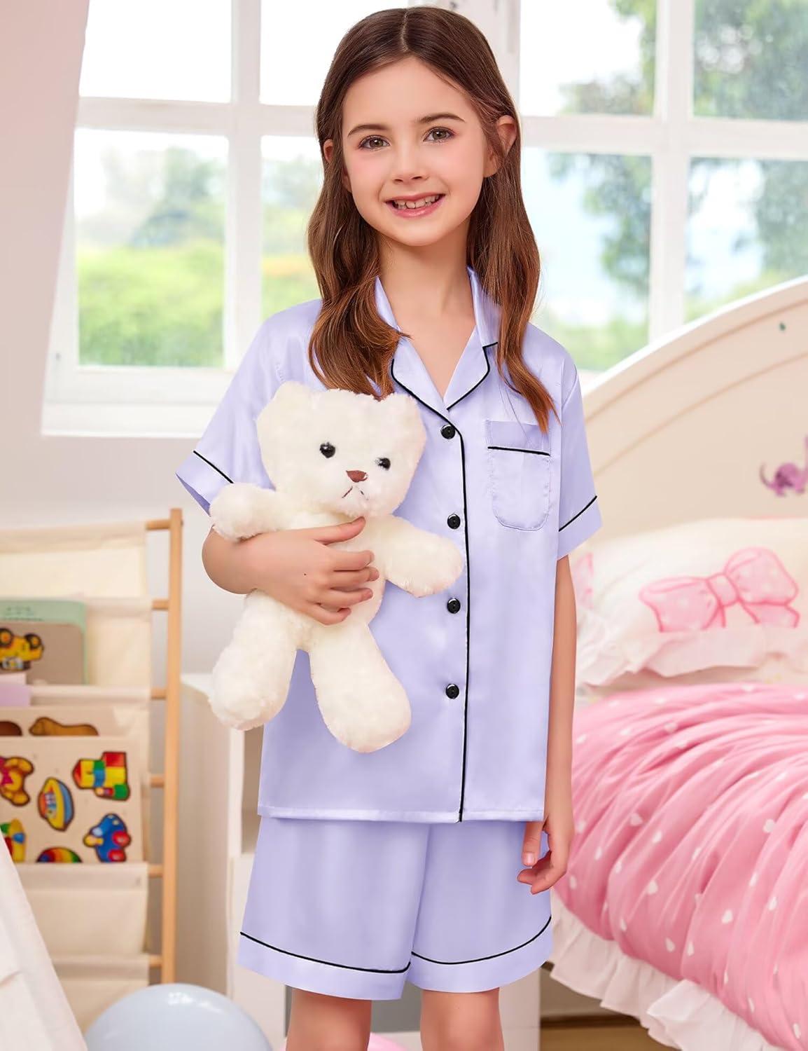 imageSWOMOG Girls Boys Silk Satin Pajamas Set ButtonDown TwoPiece PJs Lounge Sets with Long PantsShortslavender