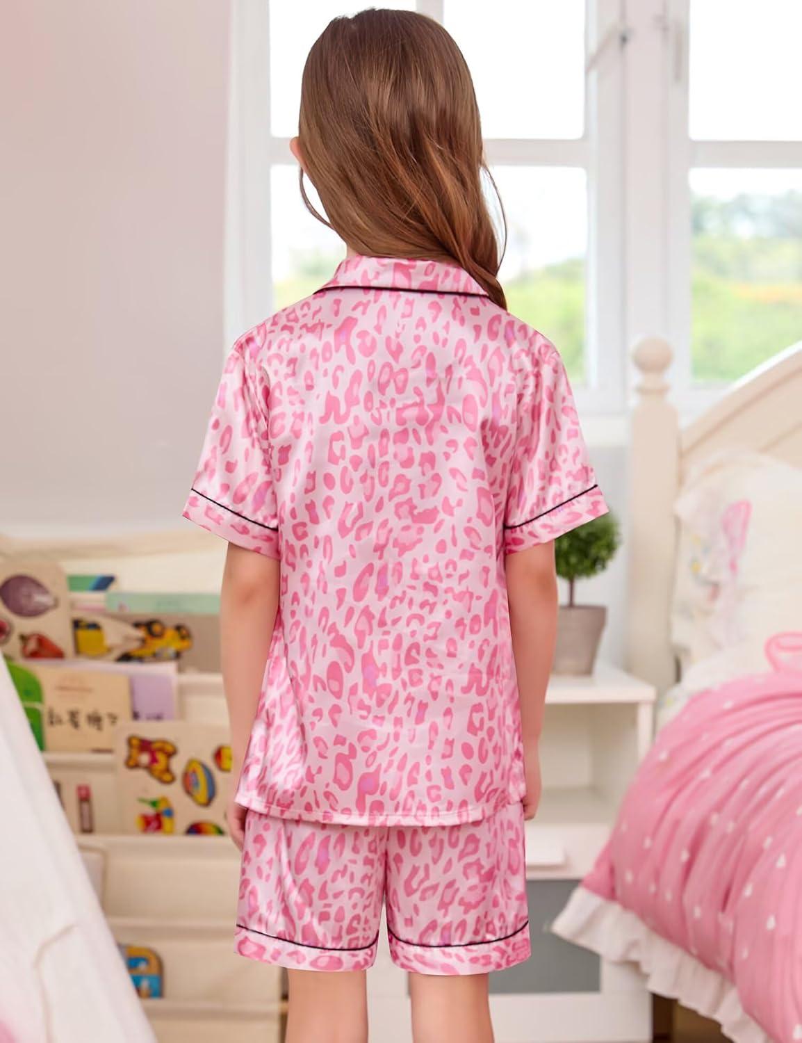 imageSWOMOG Girls Boys Silk Satin Pajamas Set ButtonDown TwoPiece PJs Lounge Sets with Long PantsShortspink Leopard
