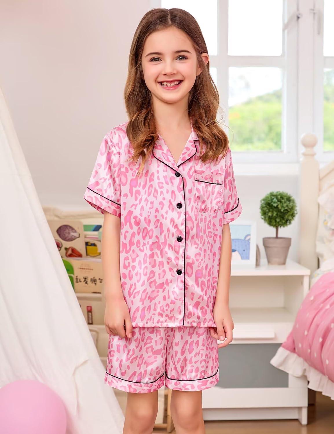 imageSWOMOG Girls Boys Silk Satin Pajamas Set ButtonDown TwoPiece PJs Lounge Sets with Long PantsShortspink Leopard