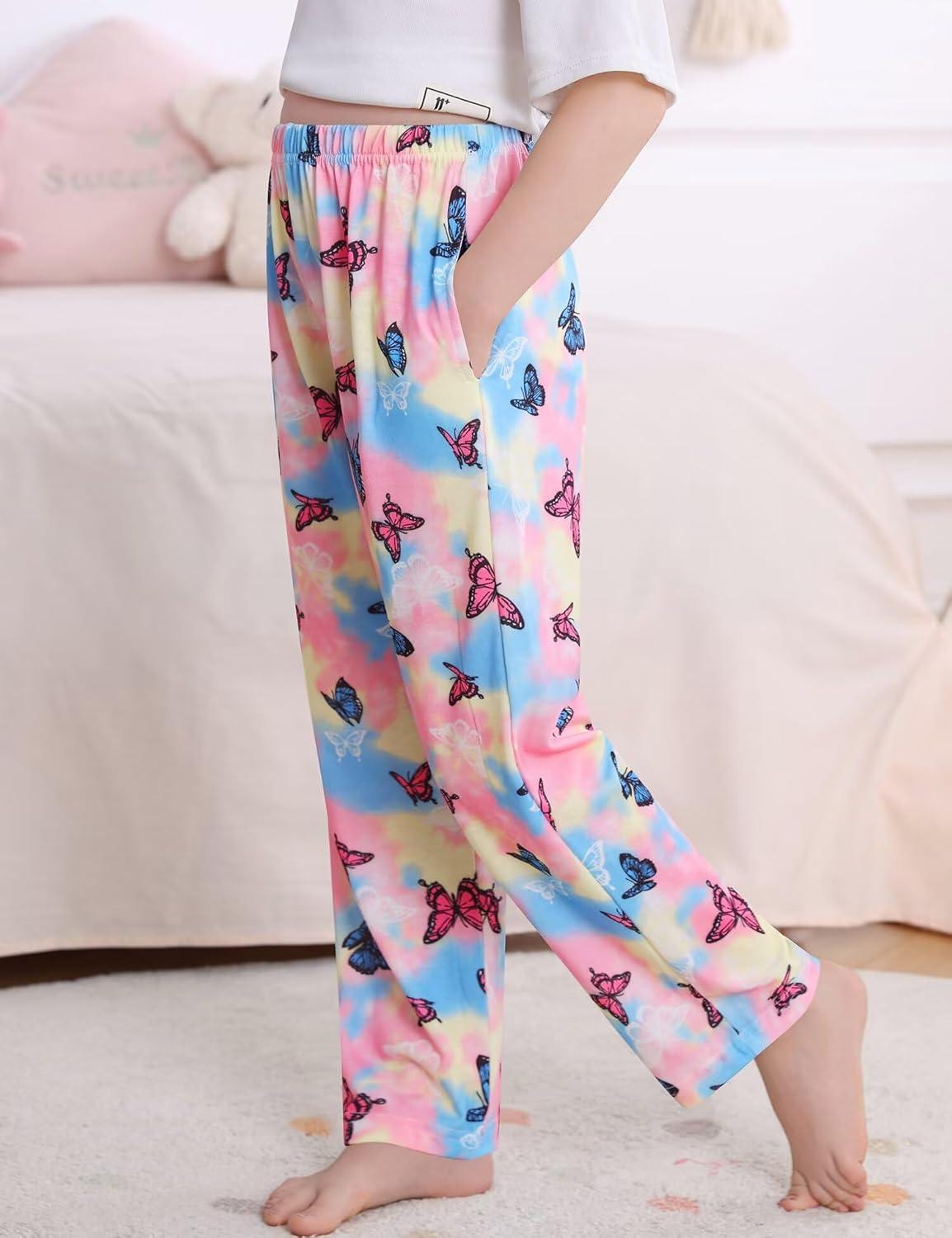 imageSWOMOG Girls Comfy Pajama Pants UltraSoft Long Lounge Pj Bottoms with Pockets for Lounge SleepoversButterfly