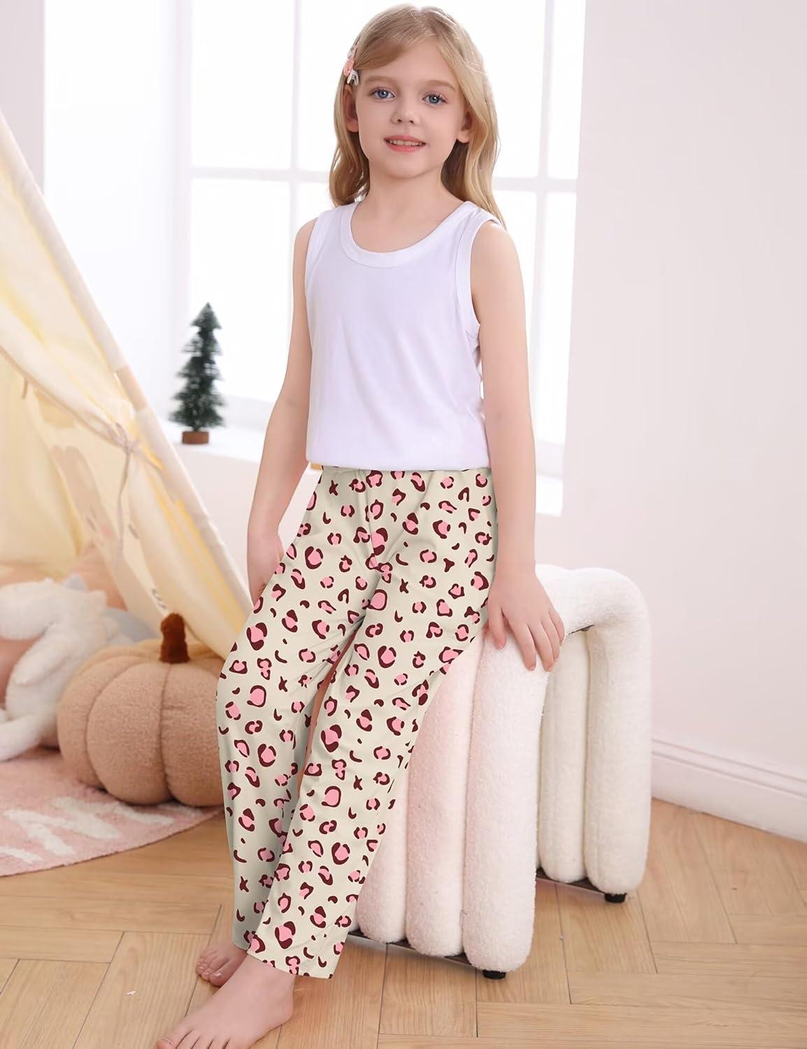 imageSWOMOG Girls Comfy Pajama Pants UltraSoft Long Lounge Pj Bottoms with Pockets for Lounge SleepoversChampagne Leopard