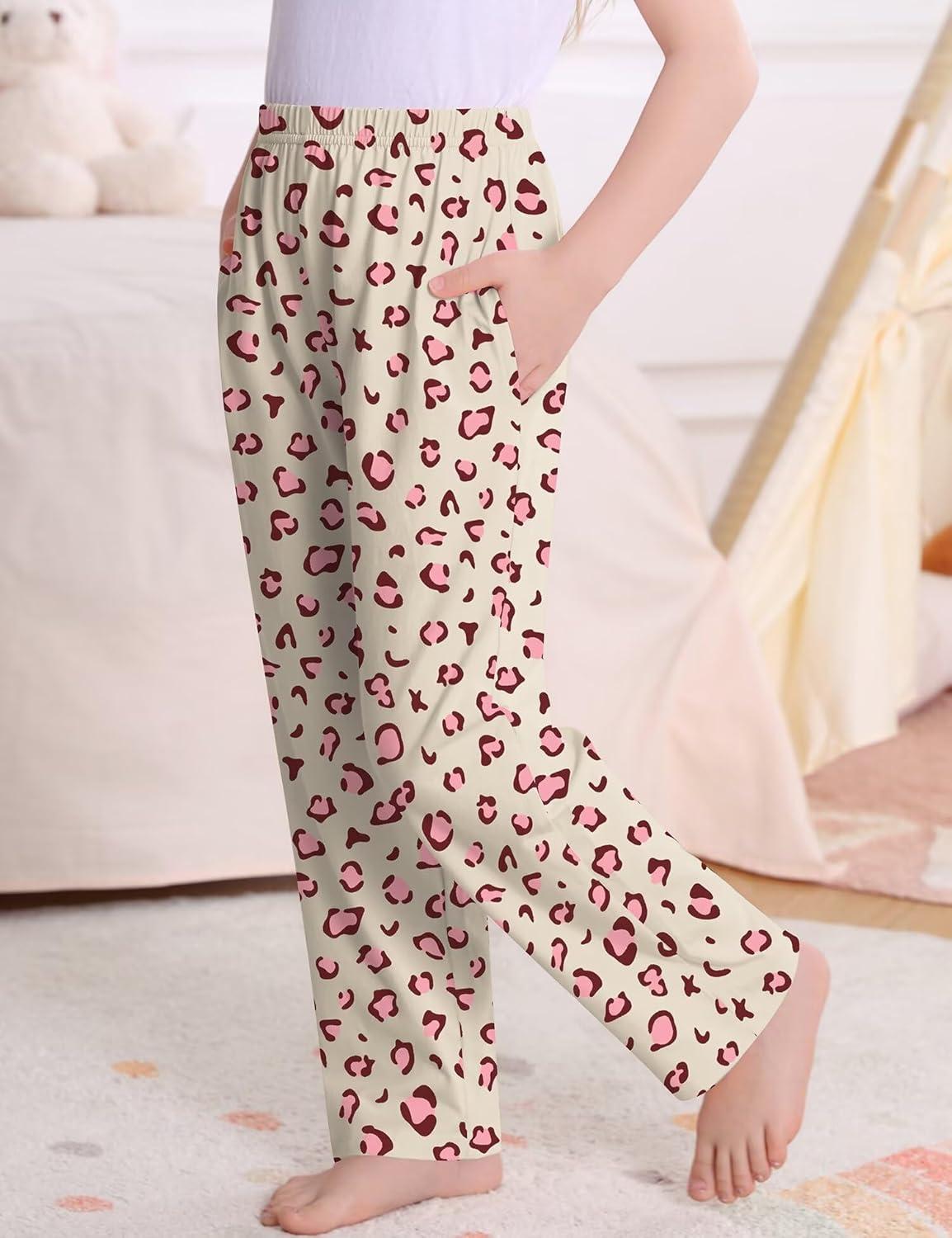 imageSWOMOG Girls Comfy Pajama Pants UltraSoft Long Lounge Pj Bottoms with Pockets for Lounge SleepoversChampagne Leopard