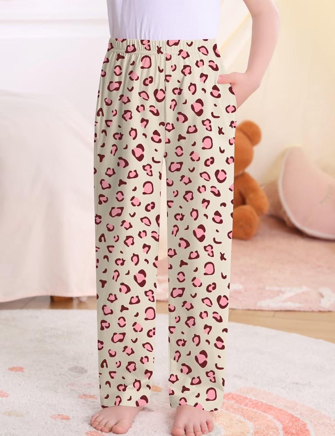 imageSWOMOG Girls Comfy Pajama Pants UltraSoft Long Lounge Pj Bottoms with Pockets for Lounge SleepoversChampagne Leopard