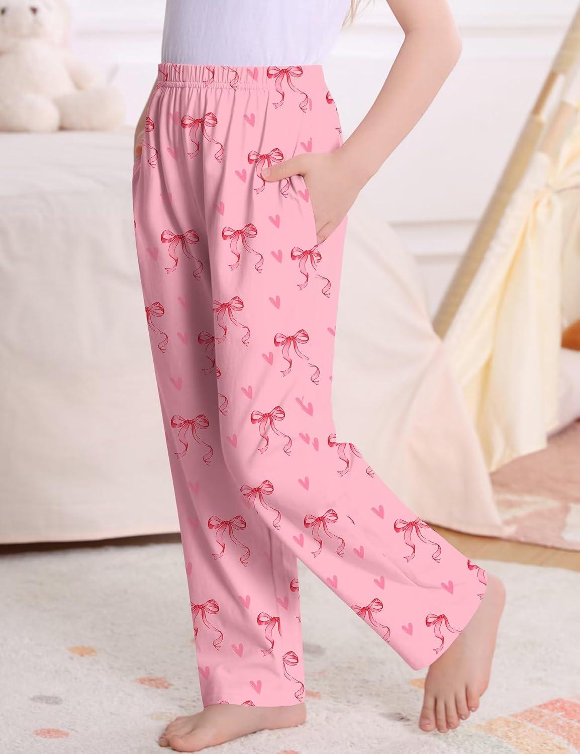 imageSWOMOG Girls Comfy Pajama Pants UltraSoft Long Lounge Pj Bottoms with Pockets for Lounge SleepoversPink Bow