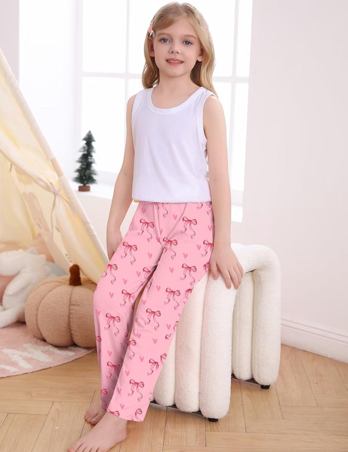 imageSWOMOG Girls Comfy Pajama Pants UltraSoft Long Lounge Pj Bottoms with Pockets for Lounge SleepoversPink Bow