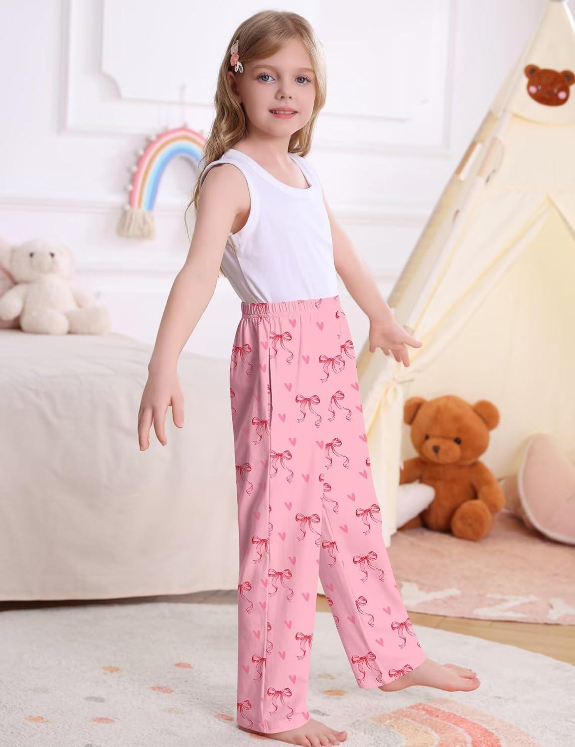 imageSWOMOG Girls Comfy Pajama Pants UltraSoft Long Lounge Pj Bottoms with Pockets for Lounge SleepoversPink Bow