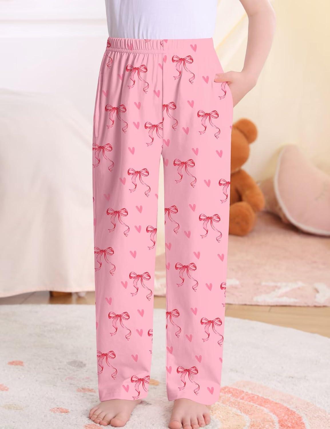 imageSWOMOG Girls Comfy Pajama Pants UltraSoft Long Lounge Pj Bottoms with Pockets for Lounge SleepoversPink Bow