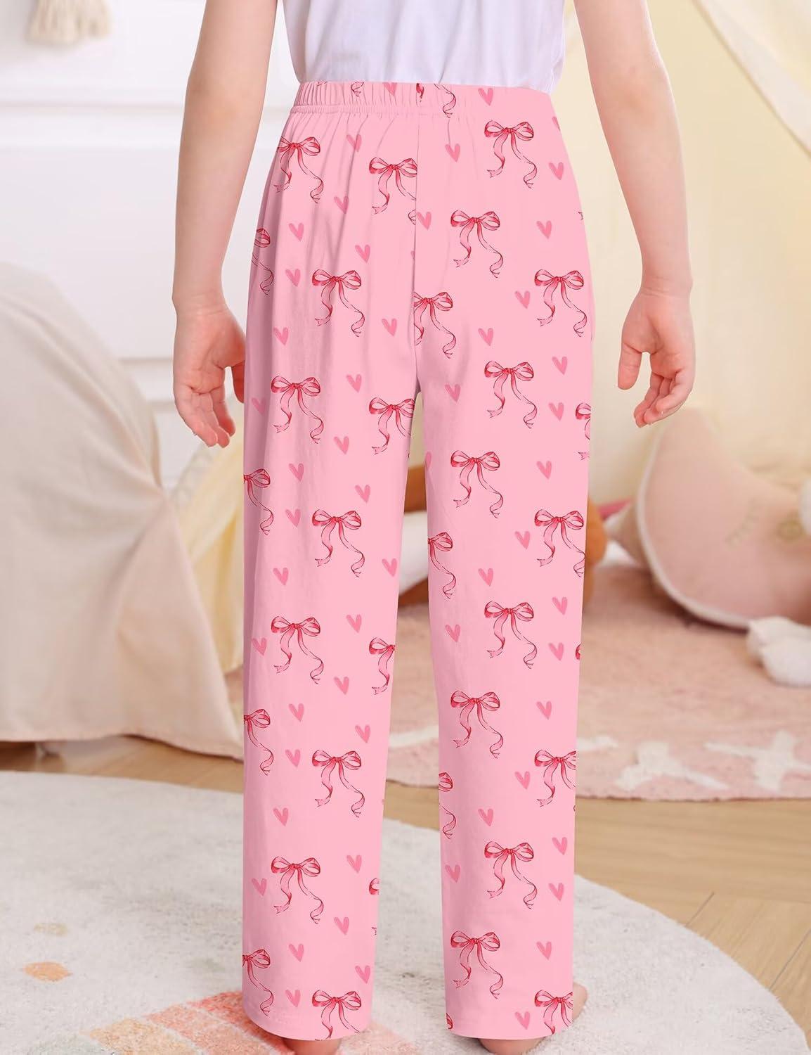 imageSWOMOG Girls Comfy Pajama Pants UltraSoft Long Lounge Pj Bottoms with Pockets for Lounge SleepoversPink Bow