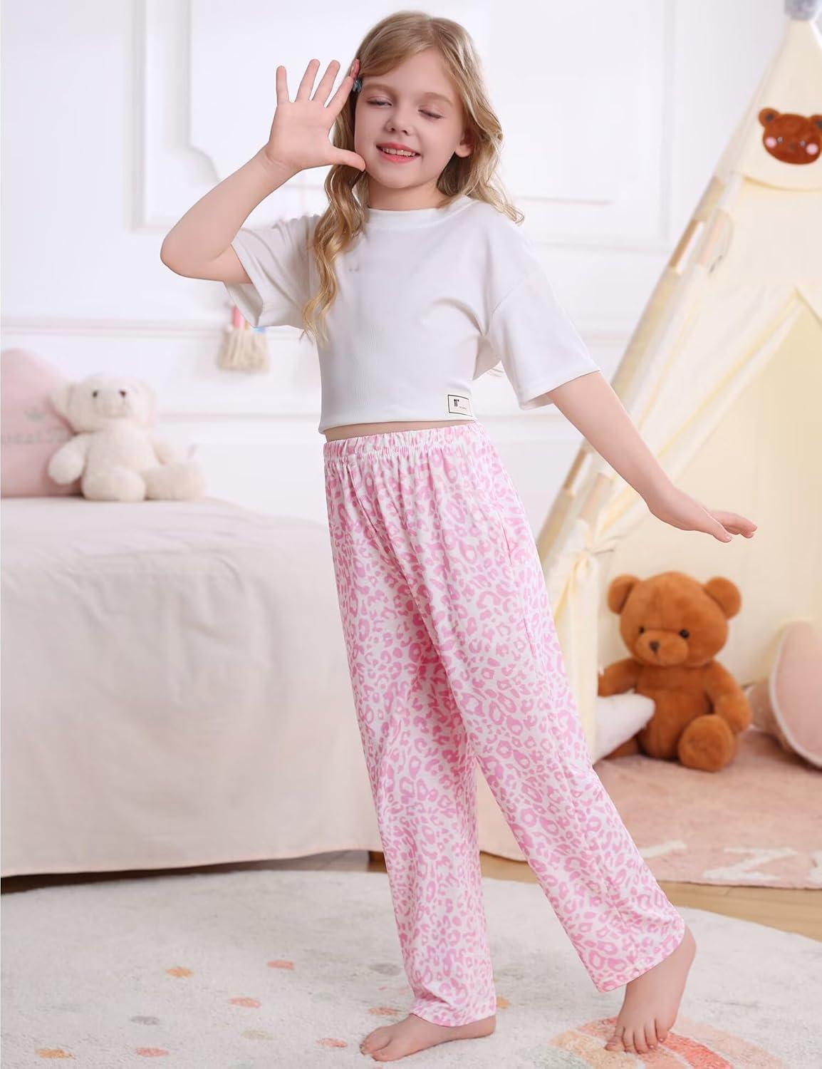 imageSWOMOG Girls Comfy Pajama Pants UltraSoft Long Lounge Pj Bottoms with Pockets for Lounge SleepoversPink Leopard