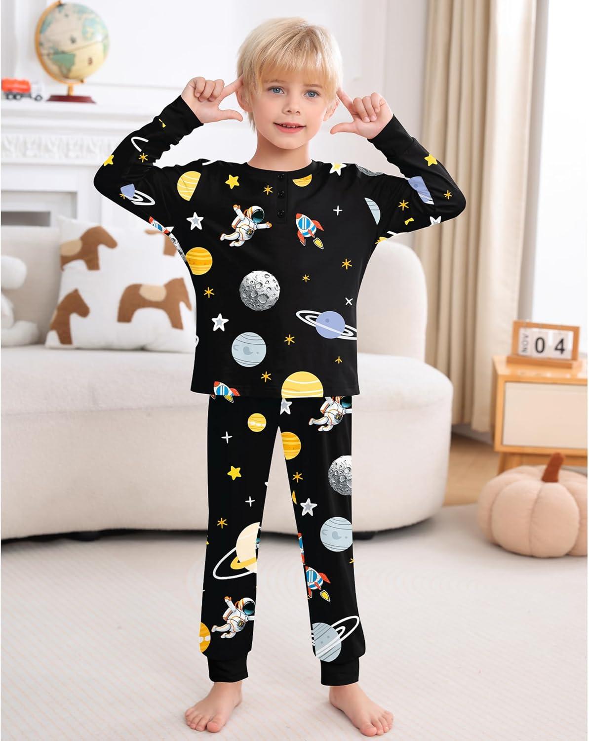 imageSWOMOG Girls Pajama Set Short Sleeve Tops amp Ruffled Shorts with Pocket 2 Piece Summer Pajamas for Kids Size 615Black Astronauts