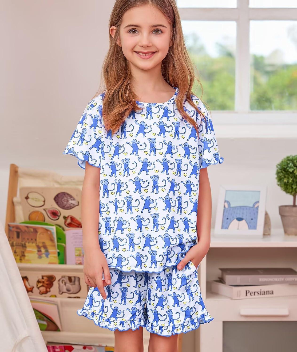 imageSWOMOG Girls Pajama Set Short Sleeve Tops amp Ruffled Shorts with Pocket 2 Piece Summer Pajamas for Kids Size 615Blue Monkey