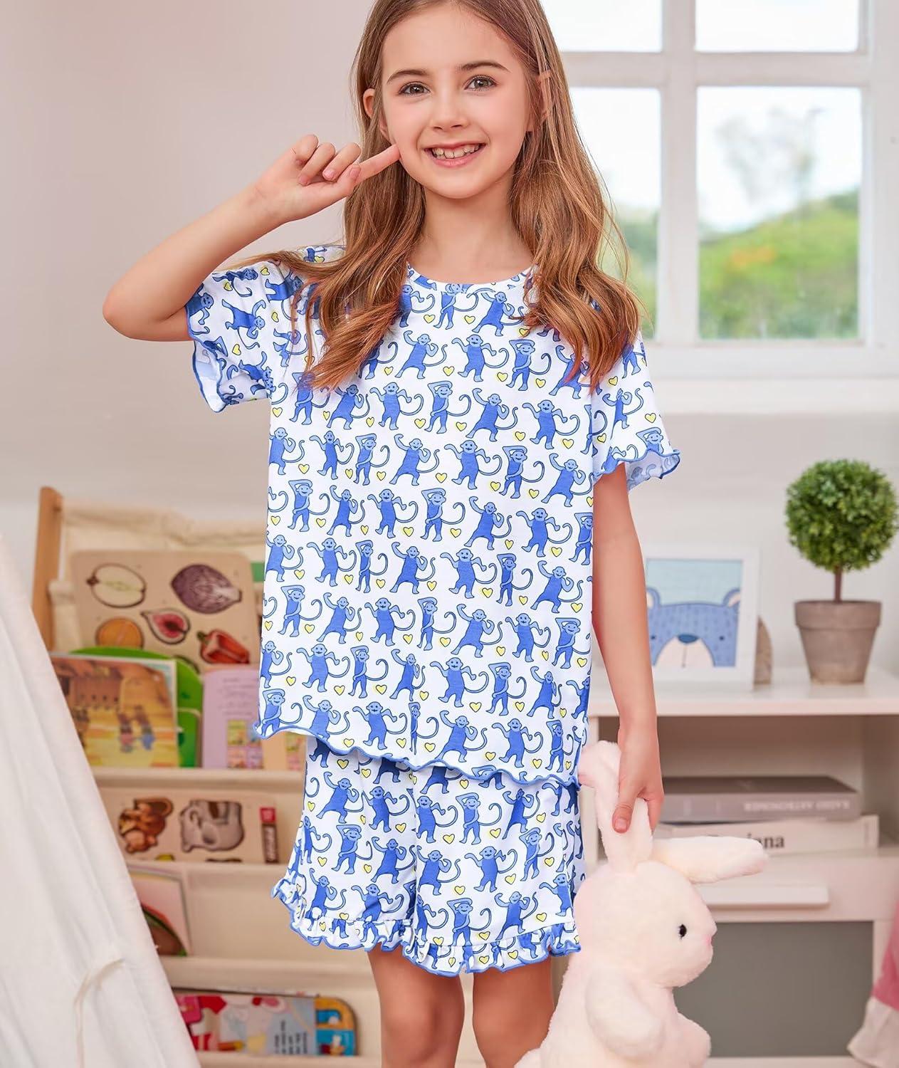 imageSWOMOG Girls Pajama Set Short Sleeve Tops amp Ruffled Shorts with Pocket 2 Piece Summer Pajamas for Kids Size 615Blue Monkey