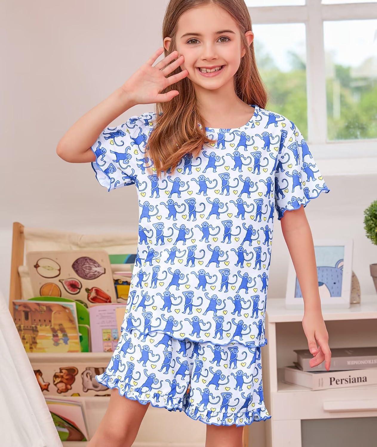 imageSWOMOG Girls Pajama Set Short Sleeve Tops amp Ruffled Shorts with Pocket 2 Piece Summer Pajamas for Kids Size 615Blue Monkey