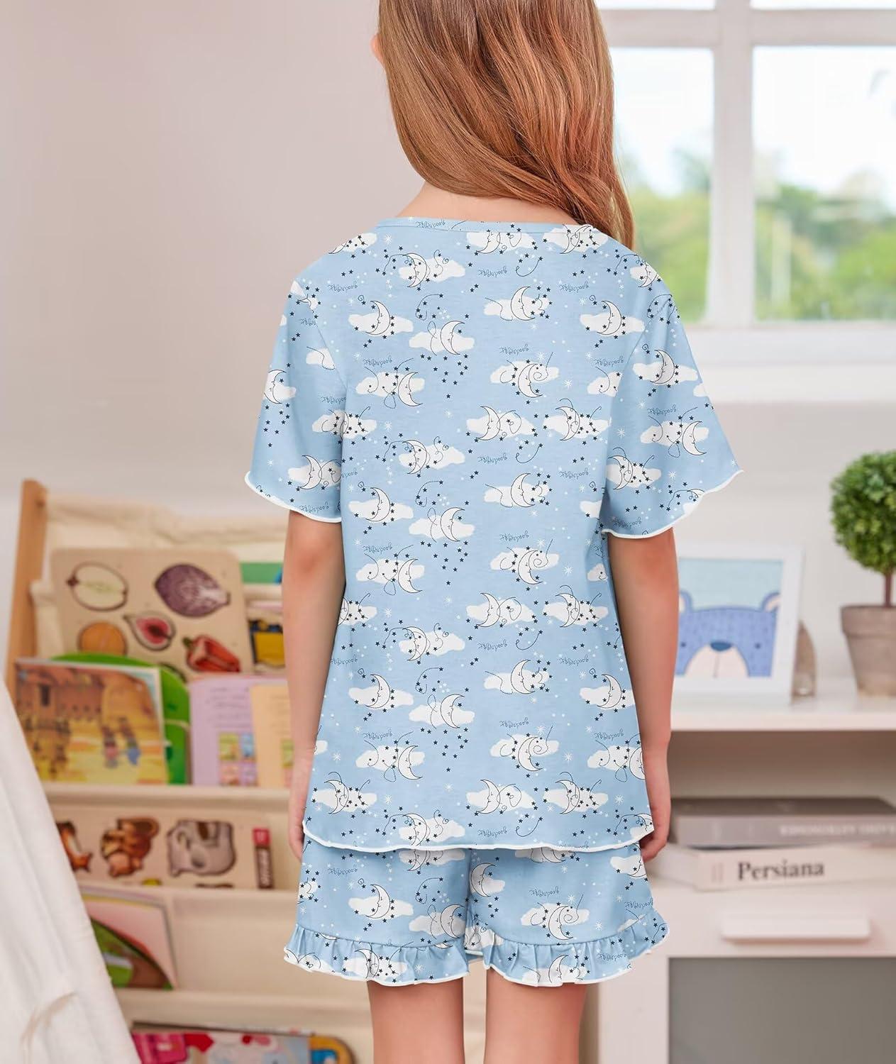 imageSWOMOG Girls Pajama Set Short Sleeve Tops amp Ruffled Shorts with Pocket 2 Piece Summer Pajamas for Kids Size 615Blue Moon Cloud