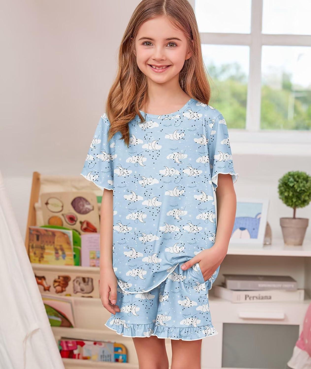 imageSWOMOG Girls Pajama Set Short Sleeve Tops amp Ruffled Shorts with Pocket 2 Piece Summer Pajamas for Kids Size 615Blue Moon Cloud