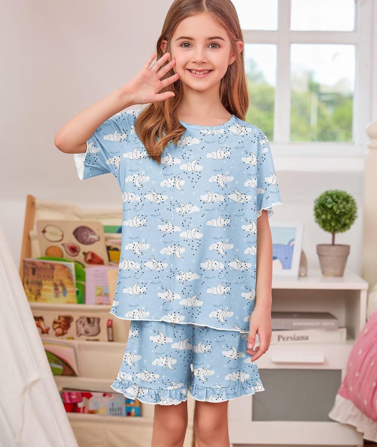 imageSWOMOG Girls Pajama Set Short Sleeve Tops amp Ruffled Shorts with Pocket 2 Piece Summer Pajamas for Kids Size 615Blue Moon Cloud