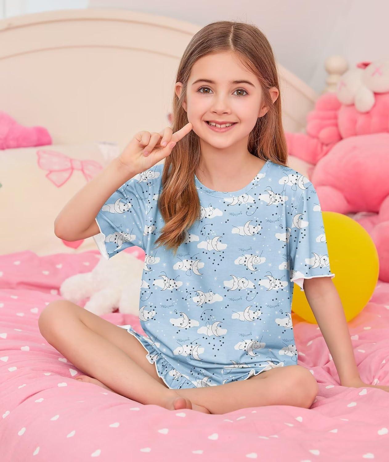 imageSWOMOG Girls Pajama Set Short Sleeve Tops amp Ruffled Shorts with Pocket 2 Piece Summer Pajamas for Kids Size 615Blue Moon Cloud