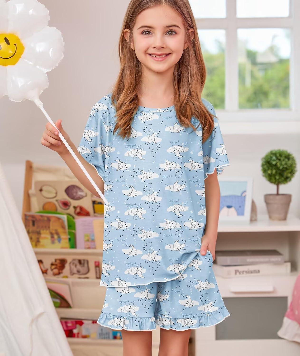 imageSWOMOG Girls Pajama Set Short Sleeve Tops amp Ruffled Shorts with Pocket 2 Piece Summer Pajamas for Kids Size 615Blue Moon Cloud