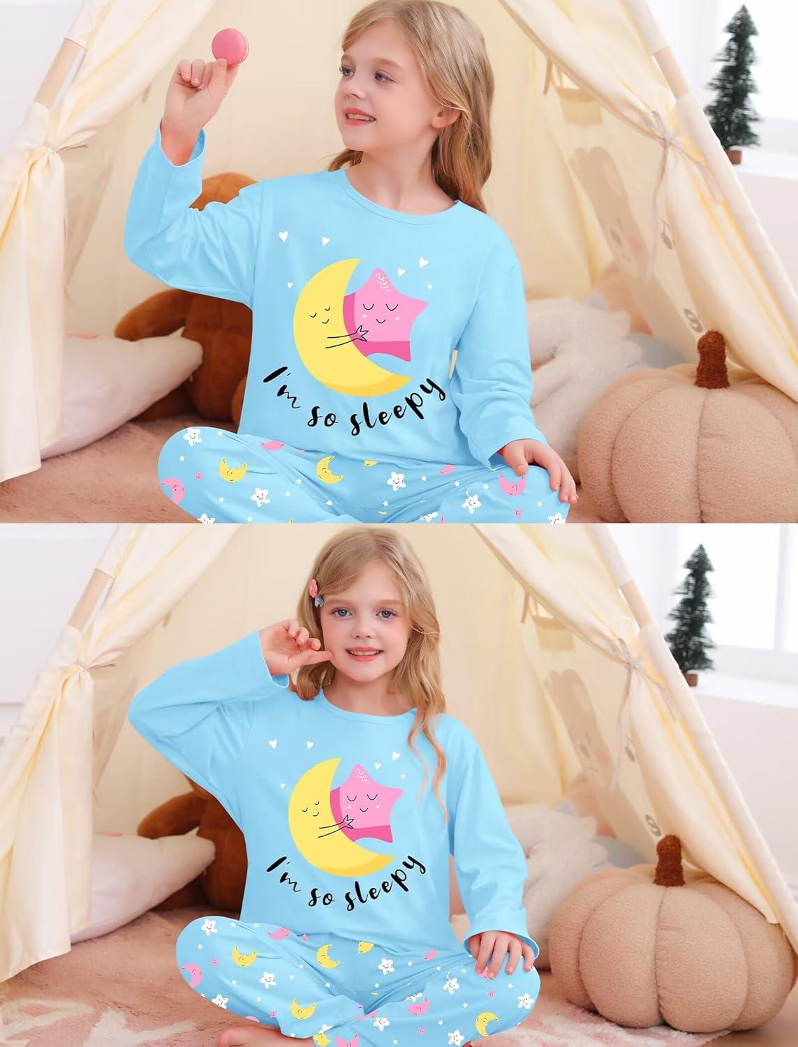 imageSWOMOG Girls Pajama Set Short Sleeve Tops amp Ruffled Shorts with Pocket 2 Piece Summer Pajamas for Kids Size 615Blue Star and Moon