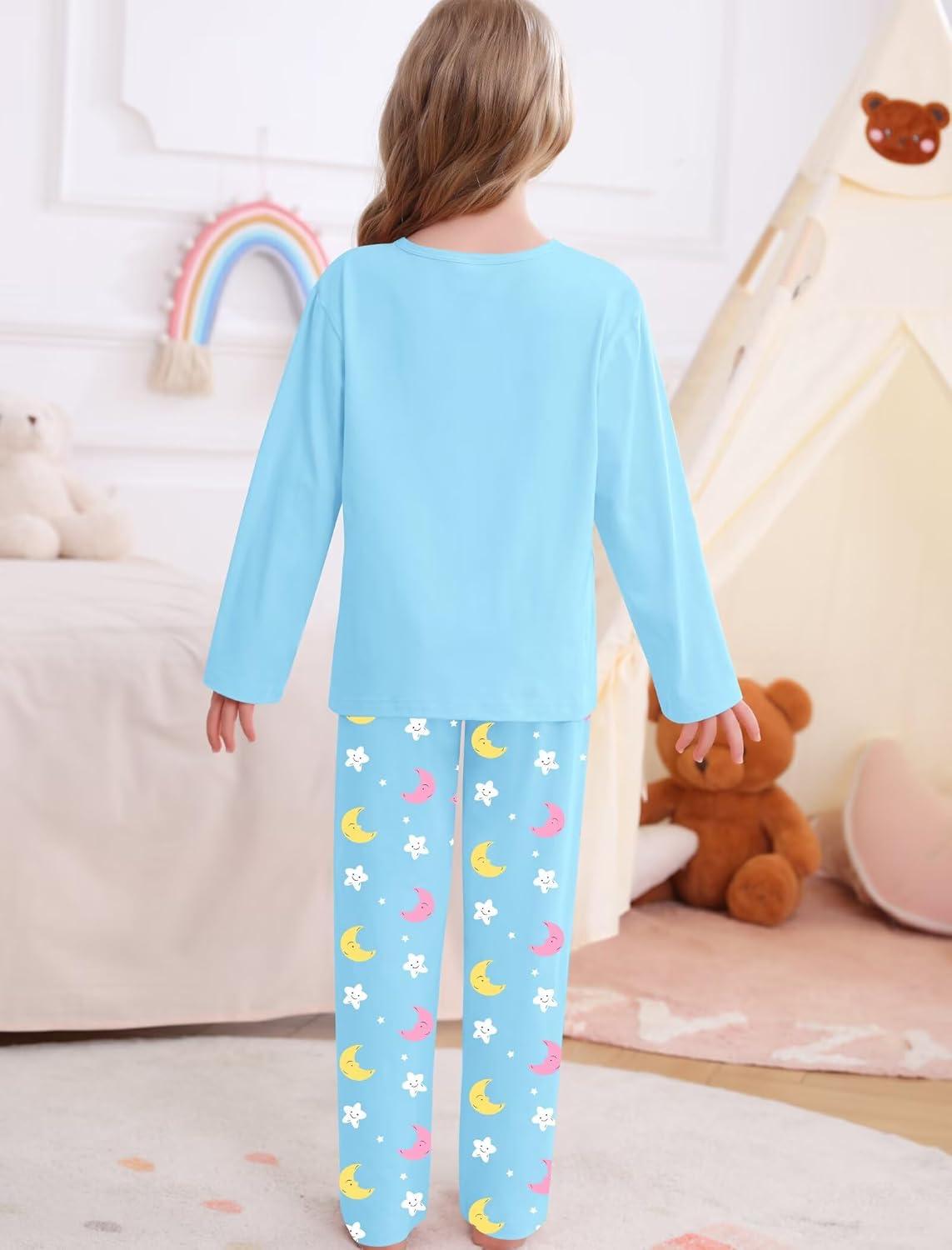 imageSWOMOG Girls Pajama Set Short Sleeve Tops amp Ruffled Shorts with Pocket 2 Piece Summer Pajamas for Kids Size 615Blue Star and Moon