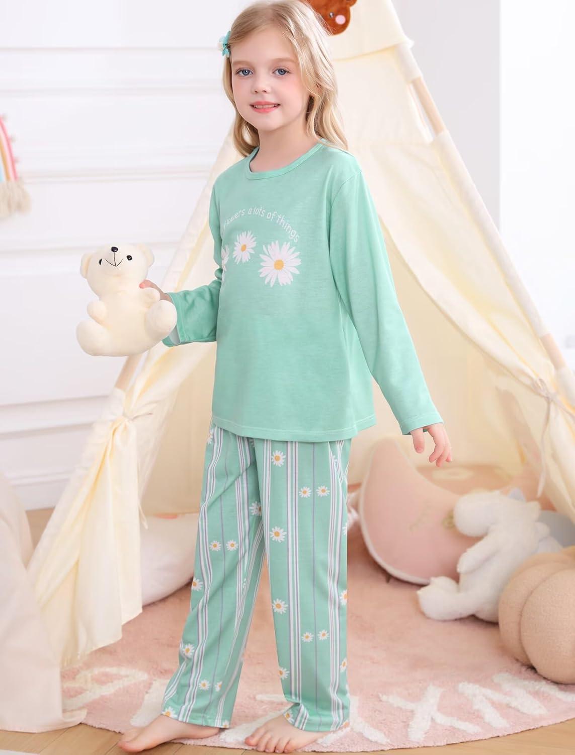 imageSWOMOG Girls Pajama Set Short Sleeve Tops amp Ruffled Shorts with Pocket 2 Piece Summer Pajamas for Kids Size 615Green Flroal Daisy