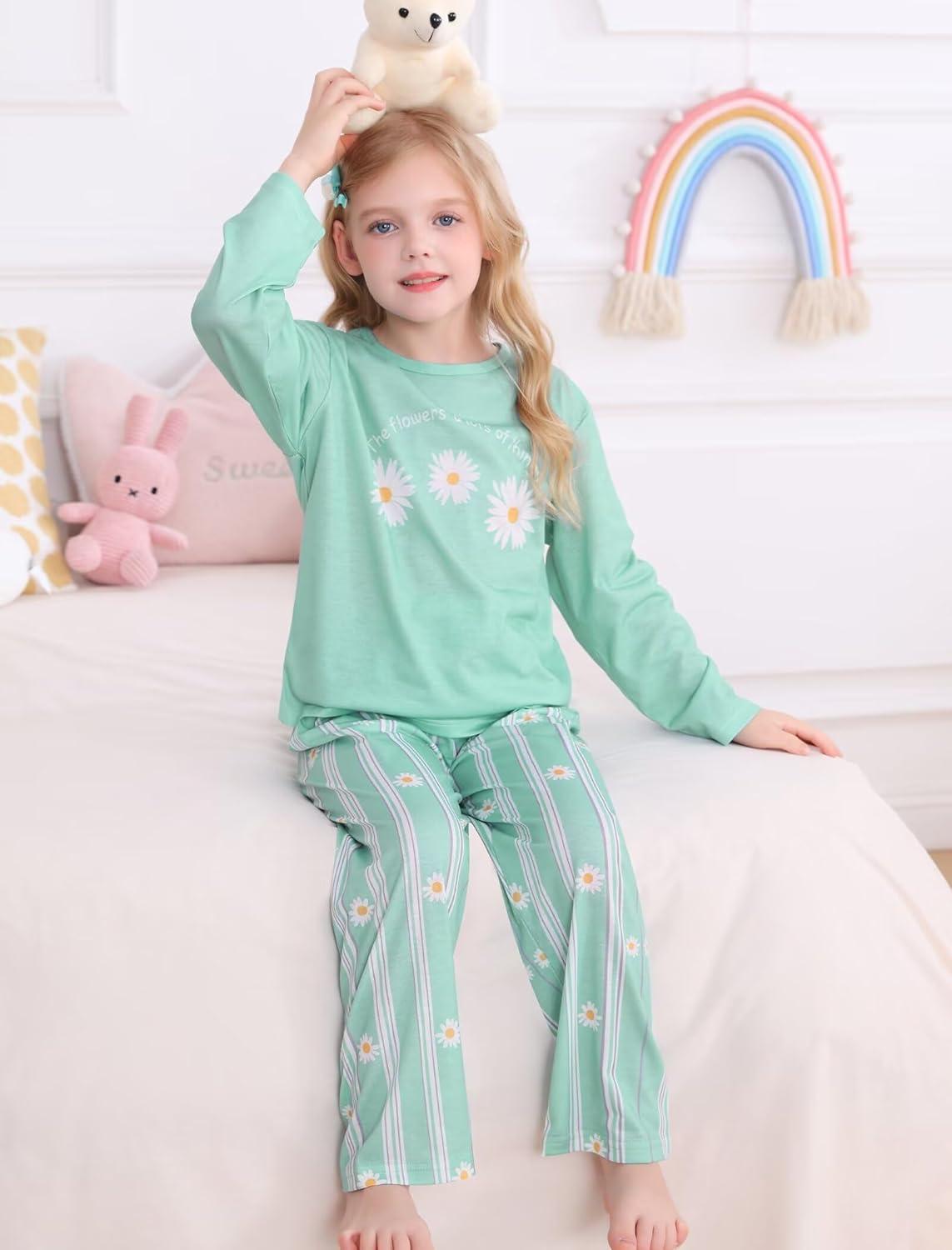 imageSWOMOG Girls Pajama Set Short Sleeve Tops amp Ruffled Shorts with Pocket 2 Piece Summer Pajamas for Kids Size 615Green Flroal Daisy