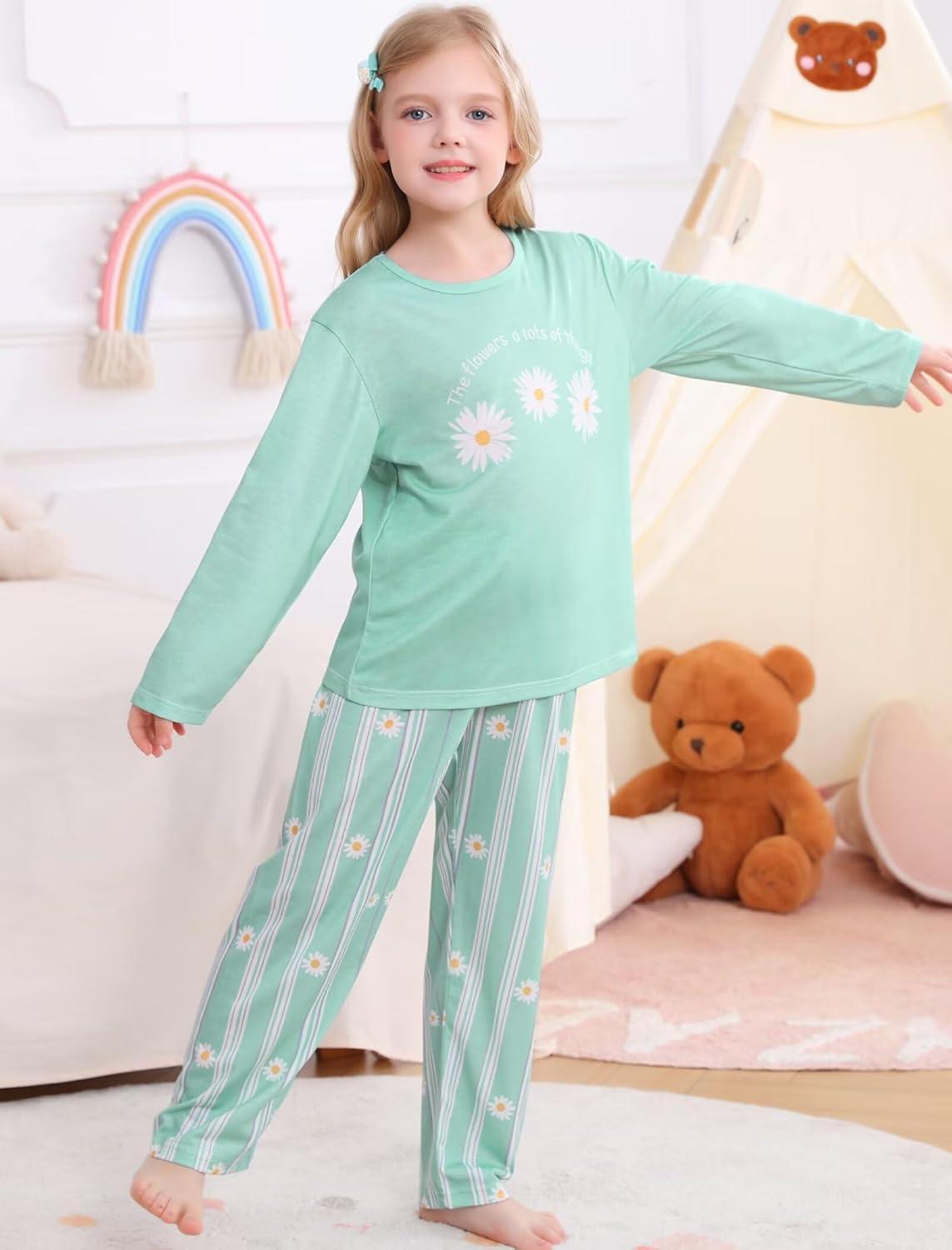 imageSWOMOG Girls Pajama Set Short Sleeve Tops amp Ruffled Shorts with Pocket 2 Piece Summer Pajamas for Kids Size 615Green Flroal Daisy