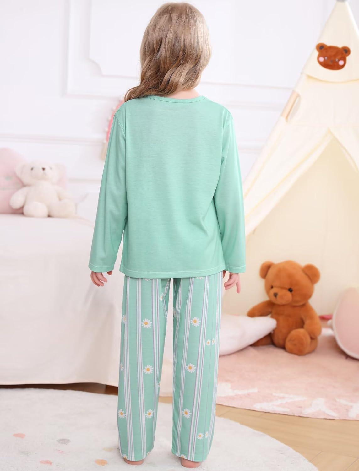 imageSWOMOG Girls Pajama Set Short Sleeve Tops amp Ruffled Shorts with Pocket 2 Piece Summer Pajamas for Kids Size 615Green Flroal Daisy