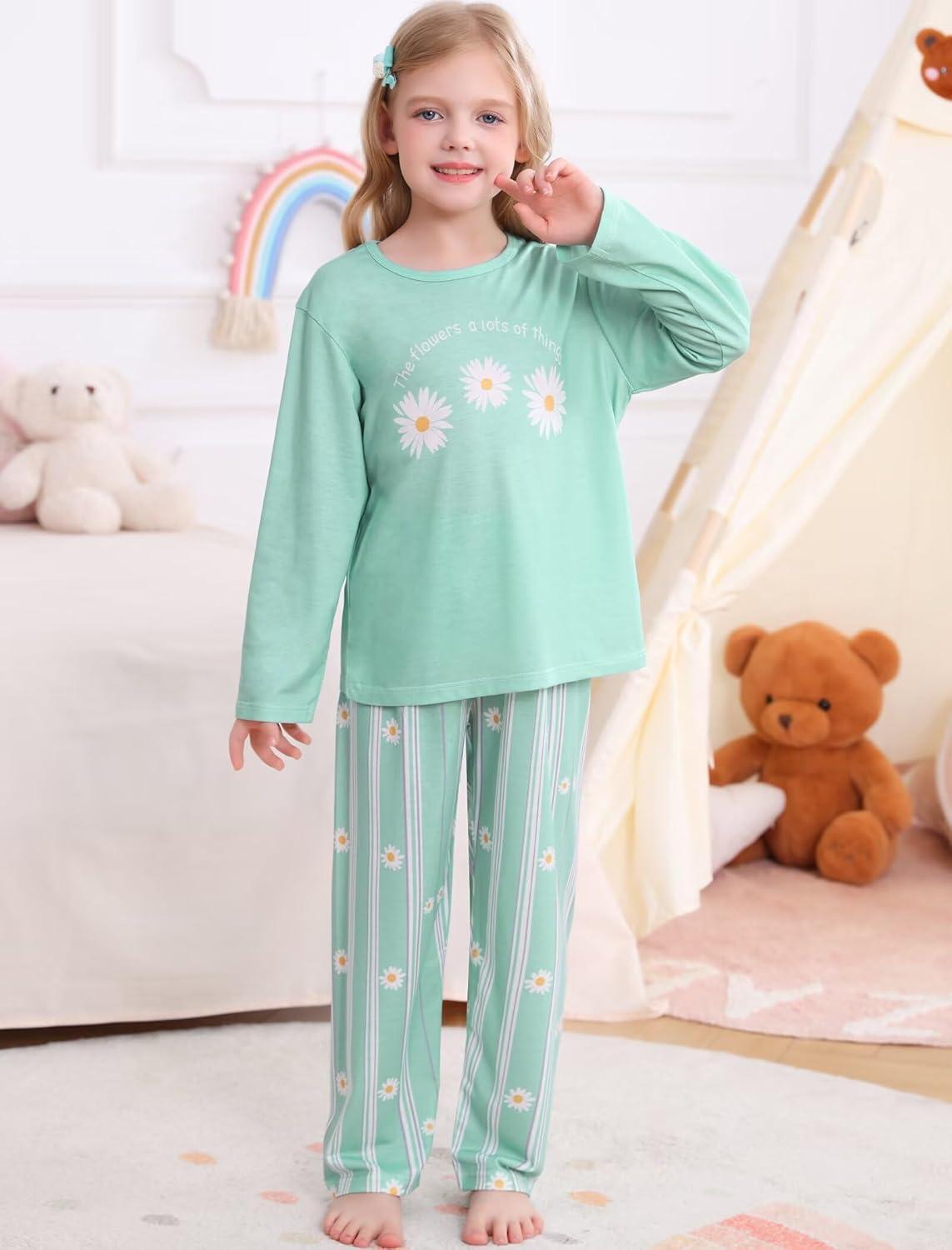 imageSWOMOG Girls Pajama Set Short Sleeve Tops amp Ruffled Shorts with Pocket 2 Piece Summer Pajamas for Kids Size 615Green Flroal Daisy
