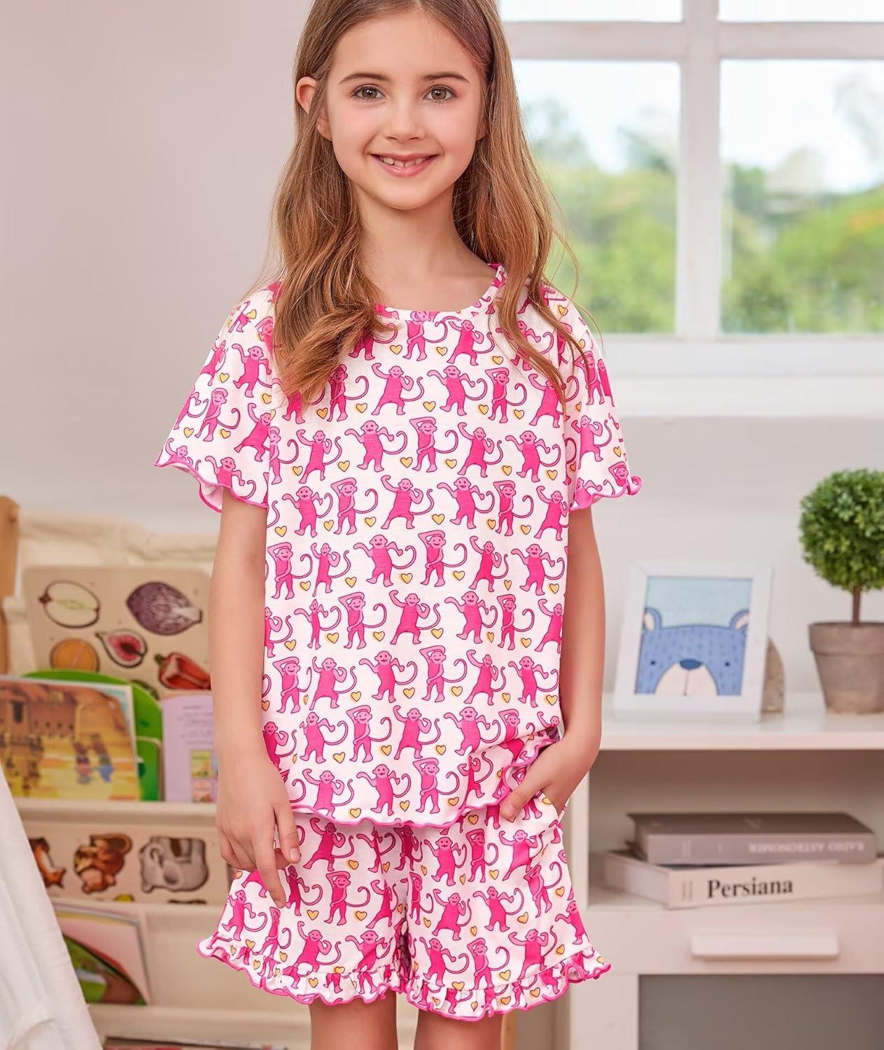 imageSWOMOG Girls Pajama Set Short Sleeve Tops amp Ruffled Shorts with Pocket 2 Piece Summer Pajamas for Kids Size 615Pink Monkey