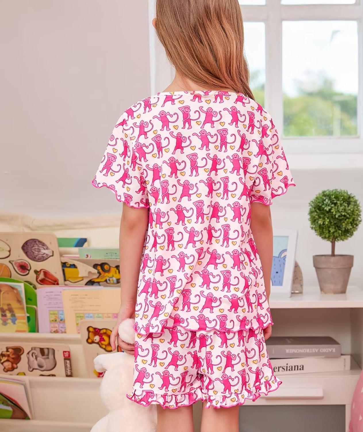 imageSWOMOG Girls Pajama Set Short Sleeve Tops amp Ruffled Shorts with Pocket 2 Piece Summer Pajamas for Kids Size 615Pink Monkey