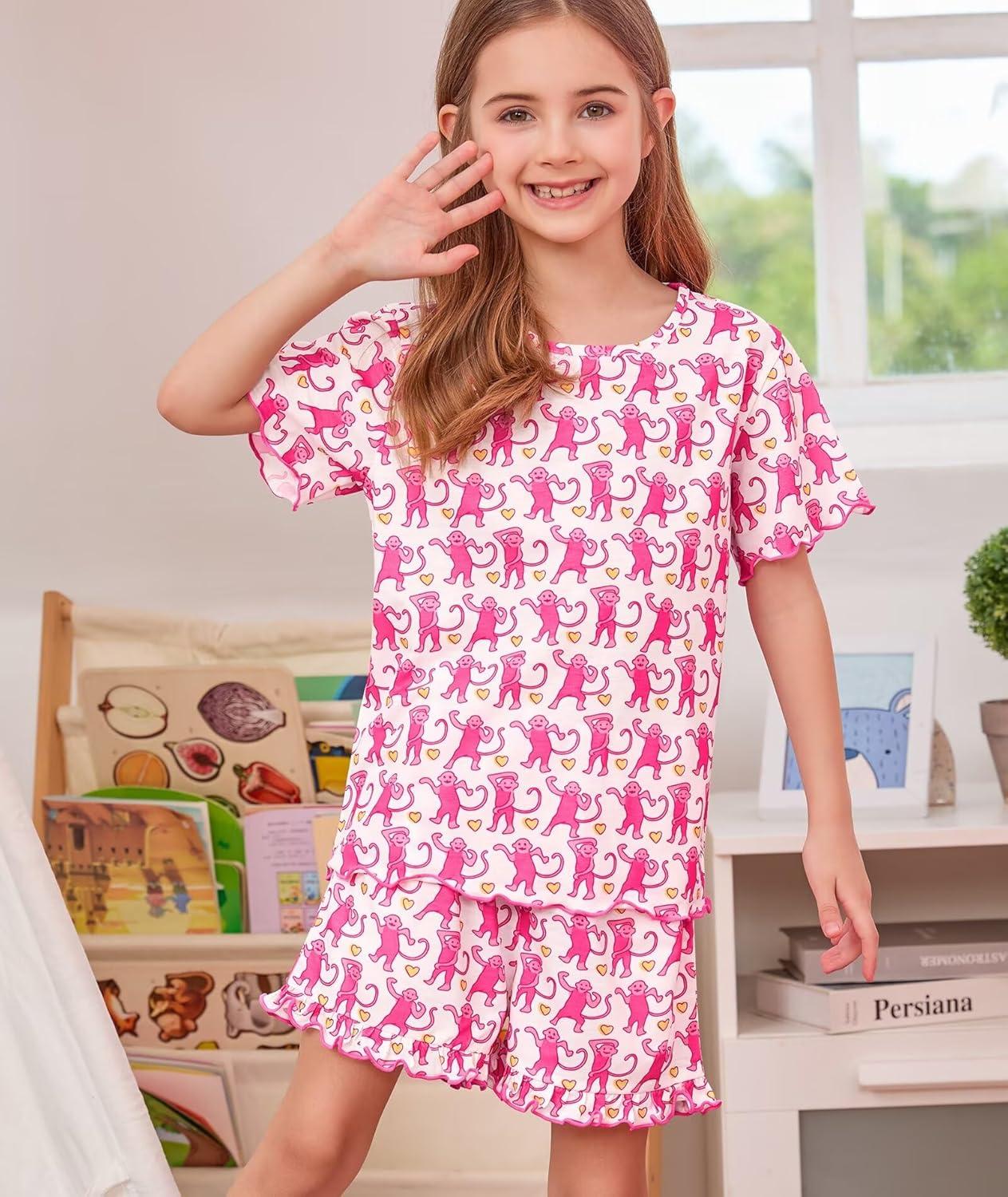 imageSWOMOG Girls Pajama Set Short Sleeve Tops amp Ruffled Shorts with Pocket 2 Piece Summer Pajamas for Kids Size 615Pink Monkey