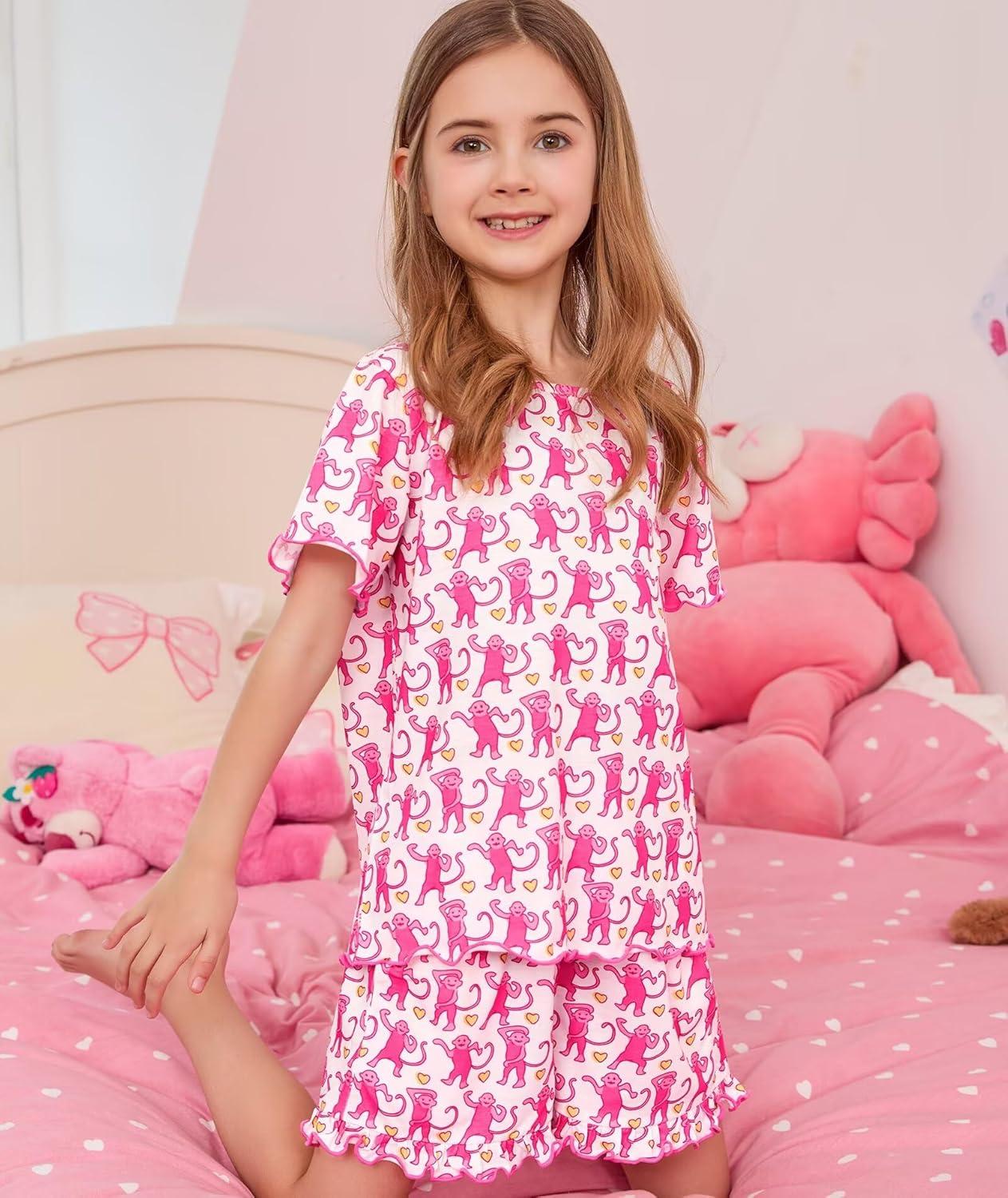 imageSWOMOG Girls Pajama Set Short Sleeve Tops amp Ruffled Shorts with Pocket 2 Piece Summer Pajamas for Kids Size 615Pink Monkey