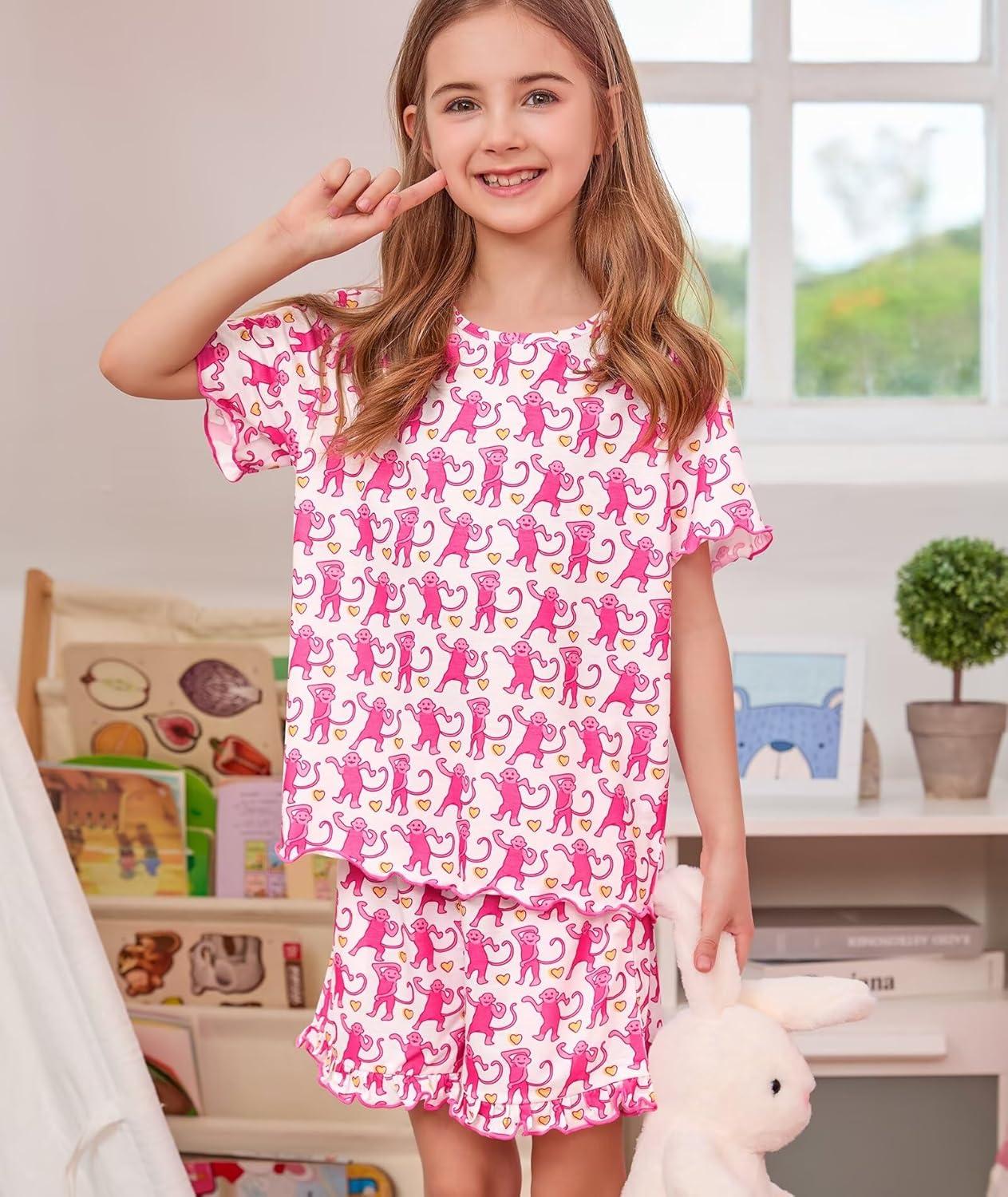 imageSWOMOG Girls Pajama Set Short Sleeve Tops amp Ruffled Shorts with Pocket 2 Piece Summer Pajamas for Kids Size 615Pink Monkey