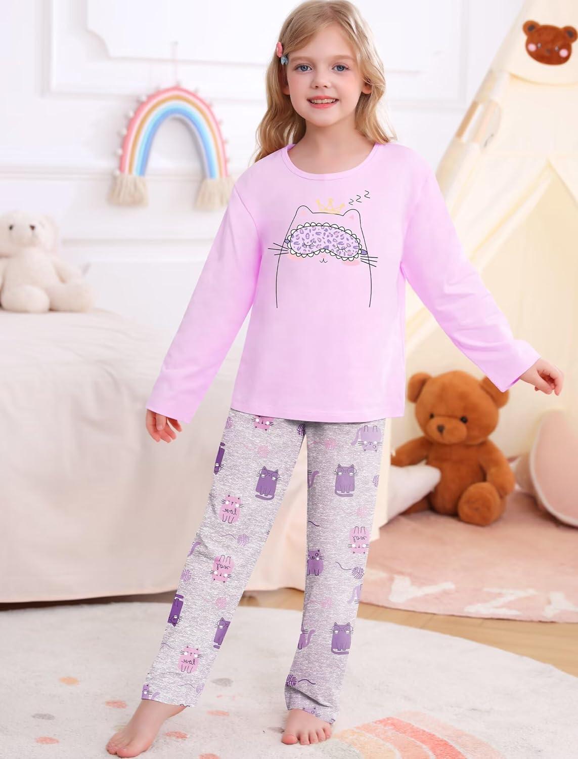 imageSWOMOG Girls Pajama Set Short Sleeve Tops amp Ruffled Shorts with Pocket 2 Piece Summer Pajamas for Kids Size 615Purple Kittten