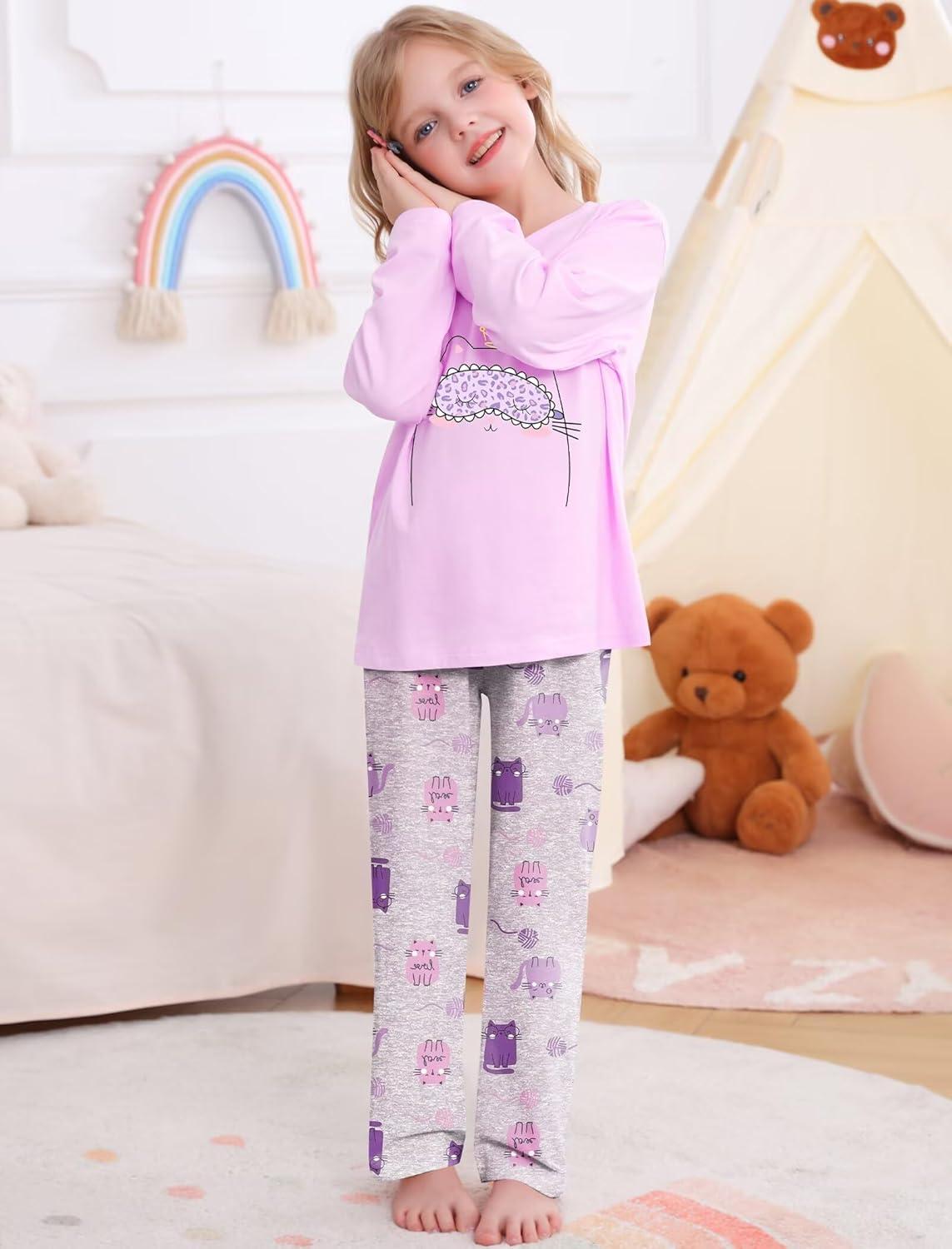 imageSWOMOG Girls Pajama Set Short Sleeve Tops amp Ruffled Shorts with Pocket 2 Piece Summer Pajamas for Kids Size 615Purple Kittten