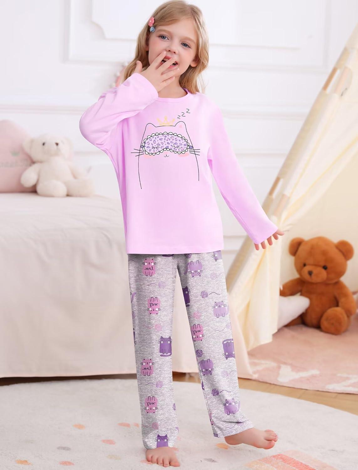 imageSWOMOG Girls Pajama Set Short Sleeve Tops amp Ruffled Shorts with Pocket 2 Piece Summer Pajamas for Kids Size 615Purple Kittten