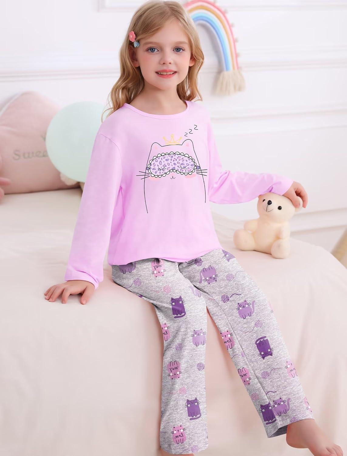 imageSWOMOG Girls Pajama Set Short Sleeve Tops amp Ruffled Shorts with Pocket 2 Piece Summer Pajamas for Kids Size 615Purple Kittten