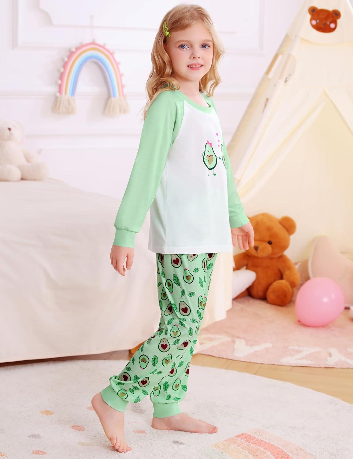 imageSWOMOG Girls Pajama Set Short Sleeve Tops amp Ruffled Shorts with Pocket 2 Piece Summer Pajamas for Kids Size 615Raglan Sleevesgreen Love Avocado