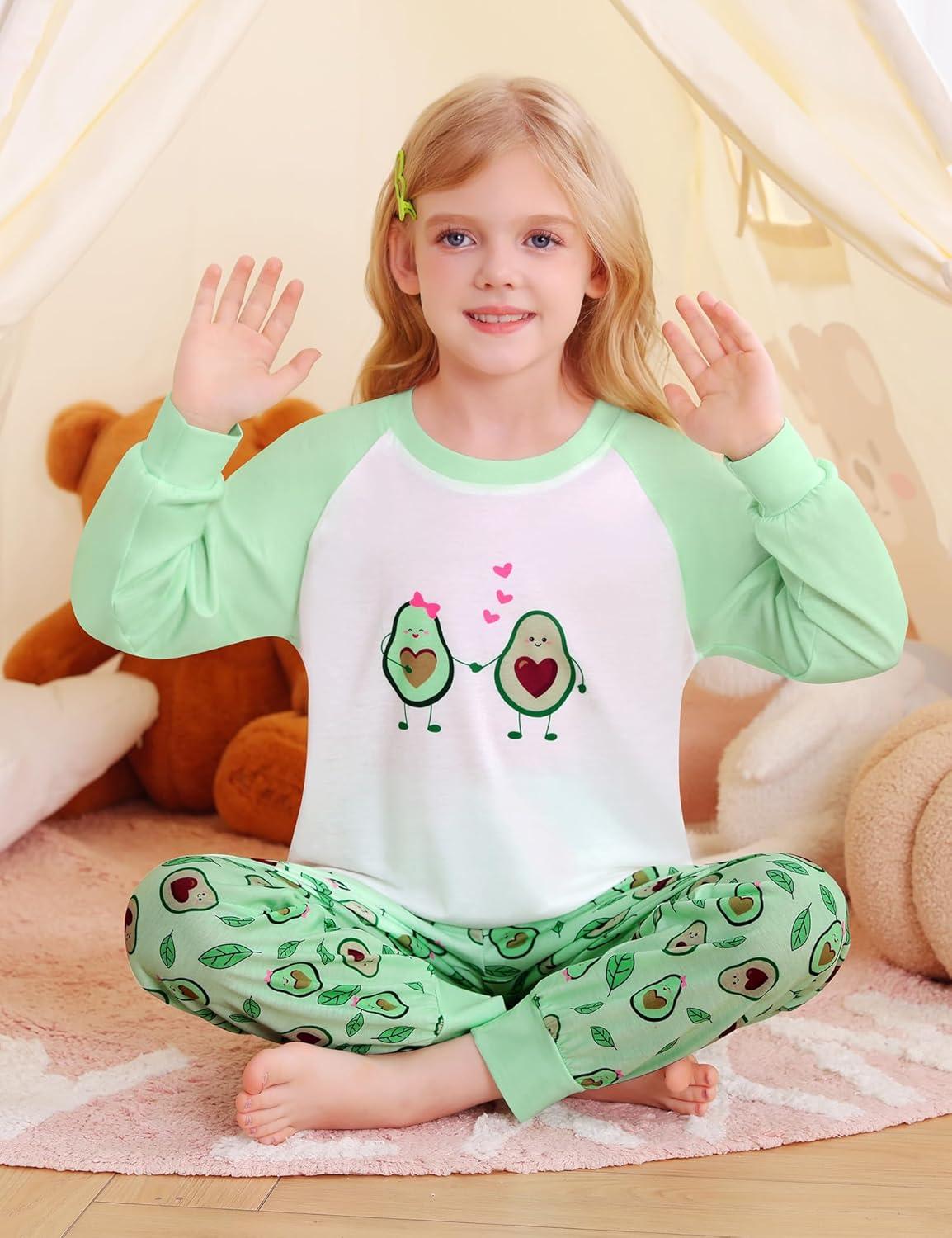 imageSWOMOG Girls Pajama Set Short Sleeve Tops amp Ruffled Shorts with Pocket 2 Piece Summer Pajamas for Kids Size 615Raglan Sleevesgreen Love Avocado