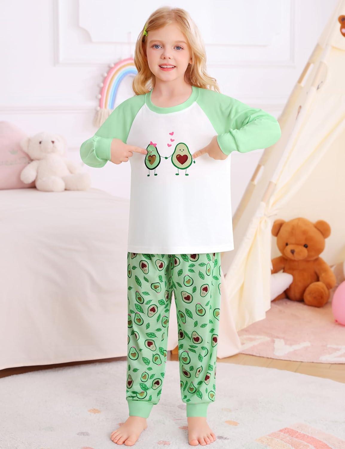 imageSWOMOG Girls Pajama Set Short Sleeve Tops amp Ruffled Shorts with Pocket 2 Piece Summer Pajamas for Kids Size 615Raglan Sleevesgreen Love Avocado