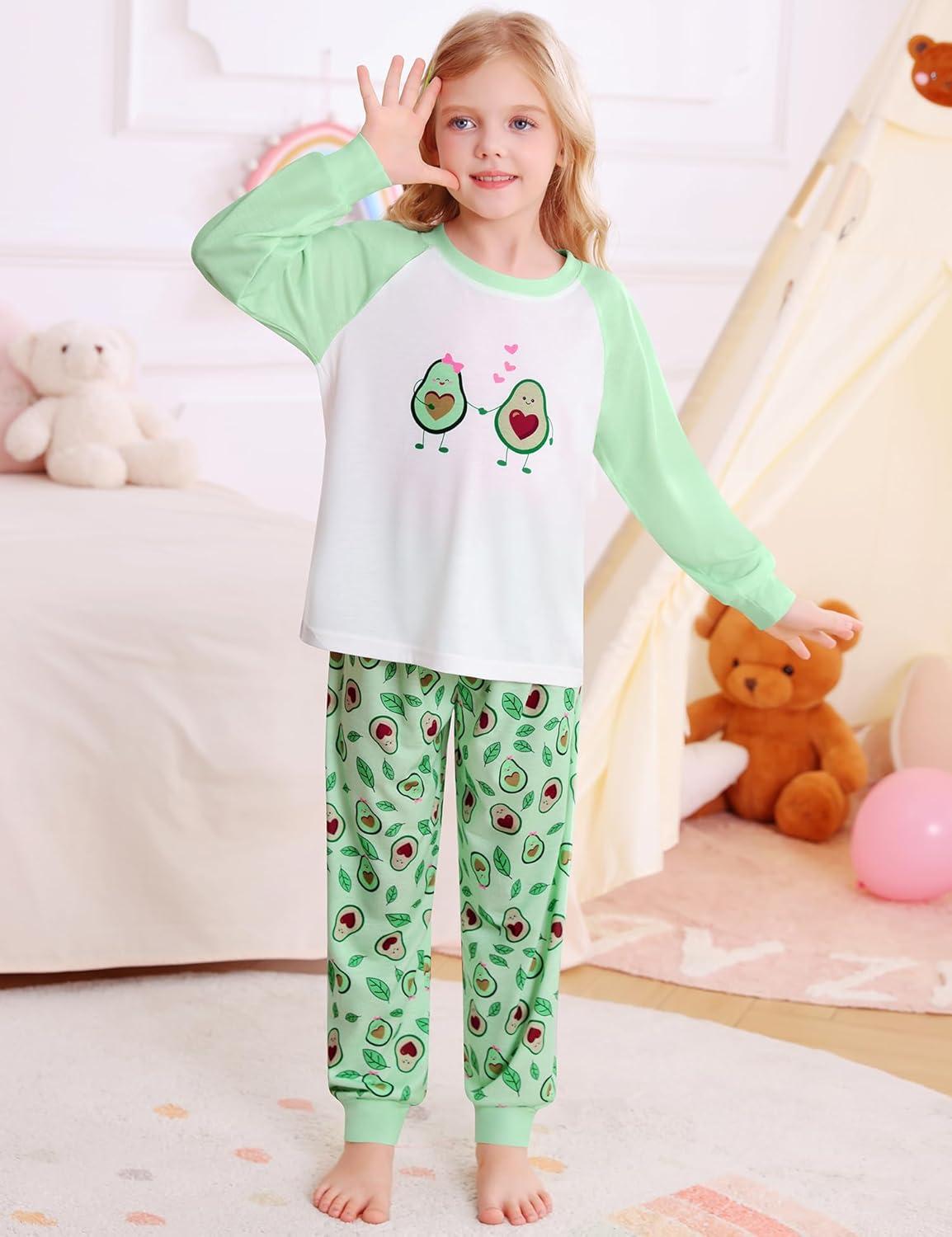 imageSWOMOG Girls Pajama Set Short Sleeve Tops amp Ruffled Shorts with Pocket 2 Piece Summer Pajamas for Kids Size 615Raglan Sleevesgreen Love Avocado