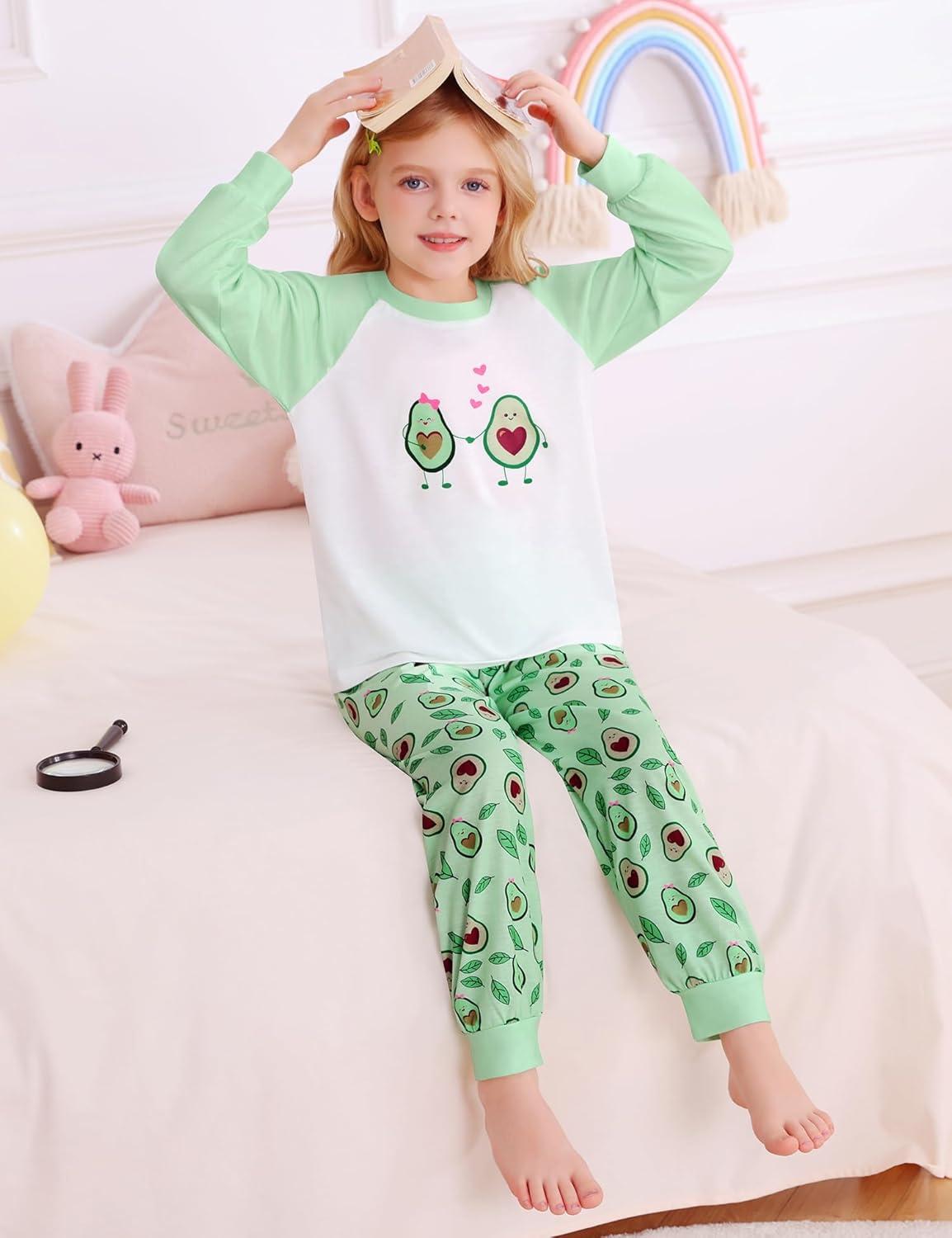 imageSWOMOG Girls Pajama Set Short Sleeve Tops amp Ruffled Shorts with Pocket 2 Piece Summer Pajamas for Kids Size 615Raglan Sleevesgreen Love Avocado